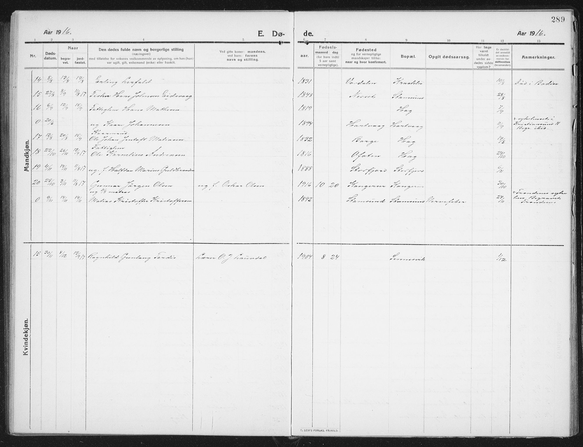 Ministerialprotokoller, klokkerbøker og fødselsregistre - Nordland, AV/SAT-A-1459/882/L1183: Parish register (copy) no. 882C01, 1911-1938, p. 289