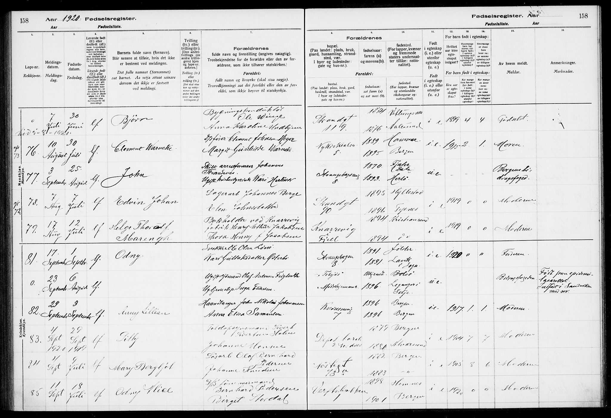 Nykirken Sokneprestembete, SAB/A-77101/I/Id/L00A1: Birth register no. A 1, 1916-1922, p. 158