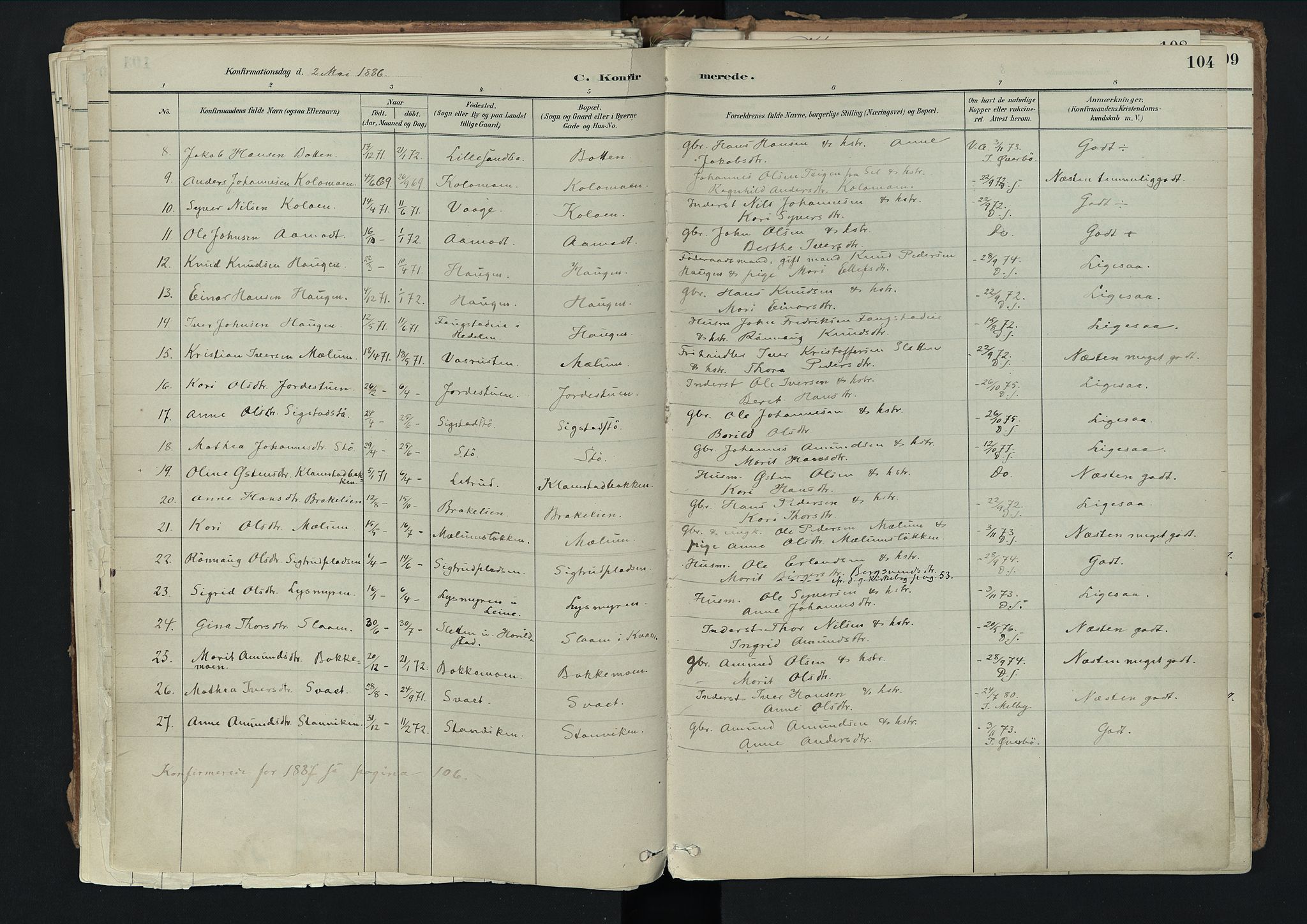 Nord-Fron prestekontor, AV/SAH-PREST-080/H/Ha/Haa/L0003: Parish register (official) no. 3, 1884-1914, p. 104