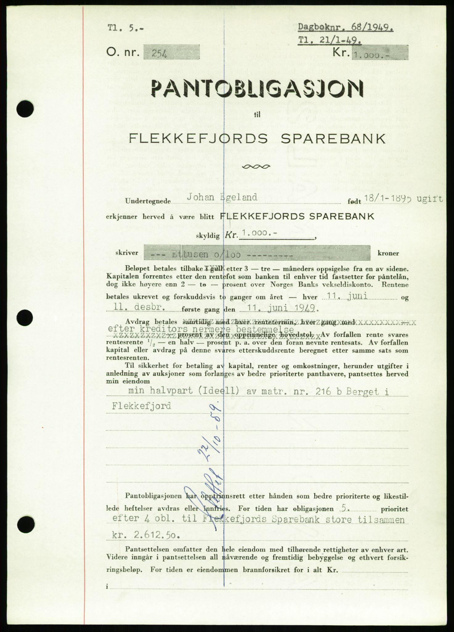 Flekkefjord sorenskriveri, AV/SAK-1221-0001/G/Gb/Gbb/L0006: Mortgage book no. B 6, 1948-1949, Diary no: : 68/1949