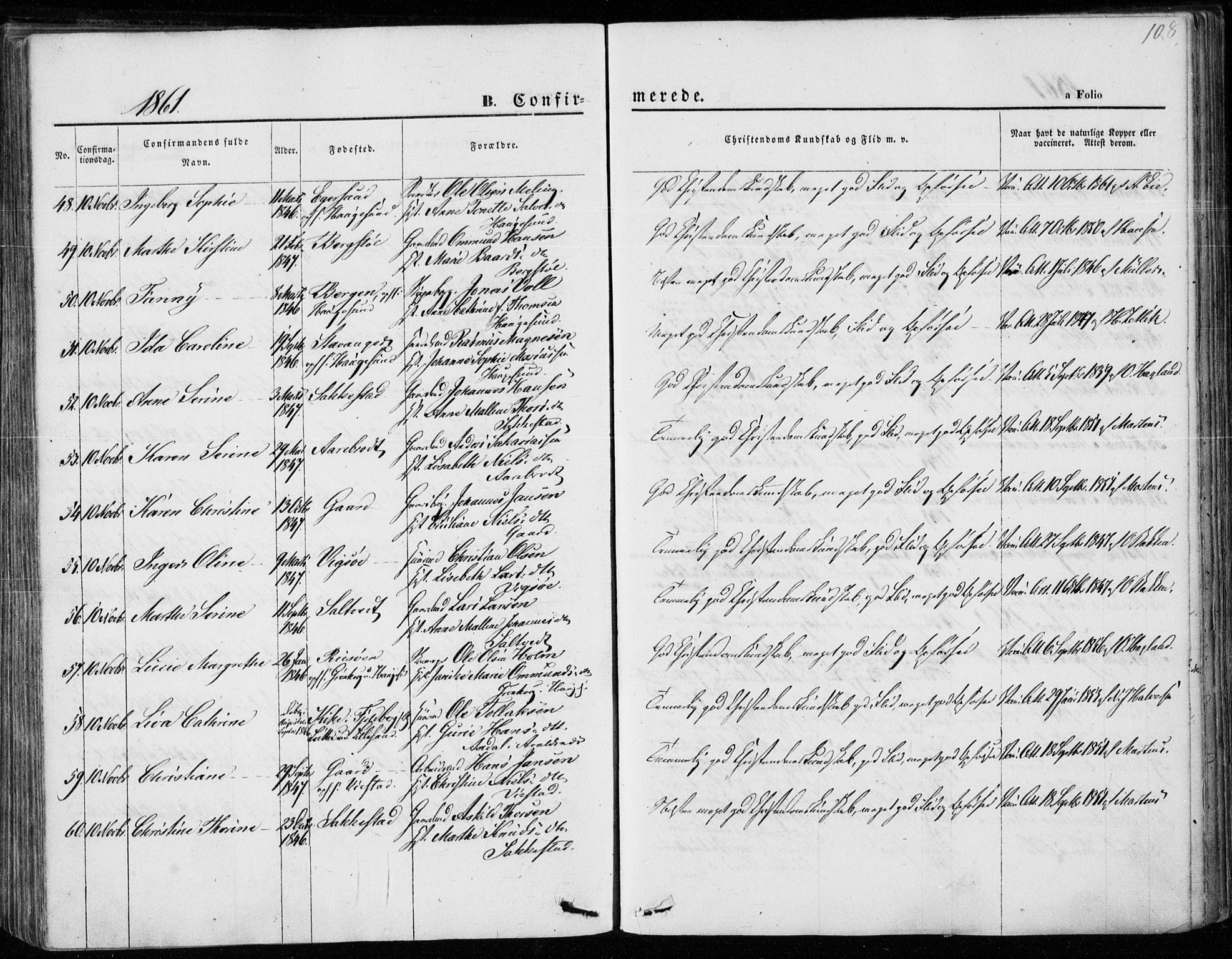 Torvastad sokneprestkontor, SAST/A -101857/H/Ha/Haa/L0011: Parish register (official) no. A 11, 1857-1866, p. 108