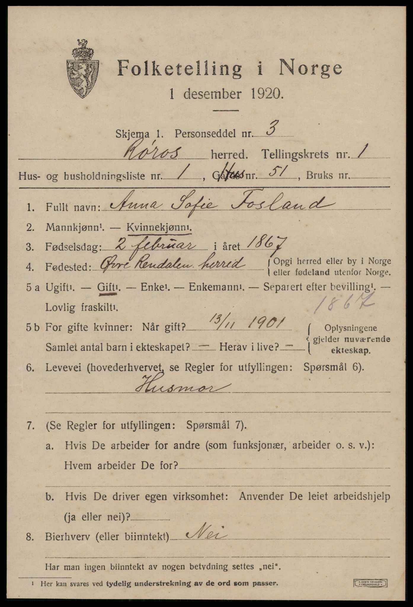 SAT, 1920 census for Røros, 1920, p. 1888