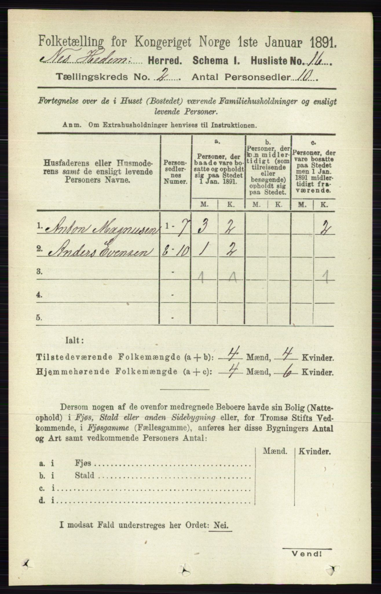 RA, 1891 census for 0411 Nes, 1891, p. 1019