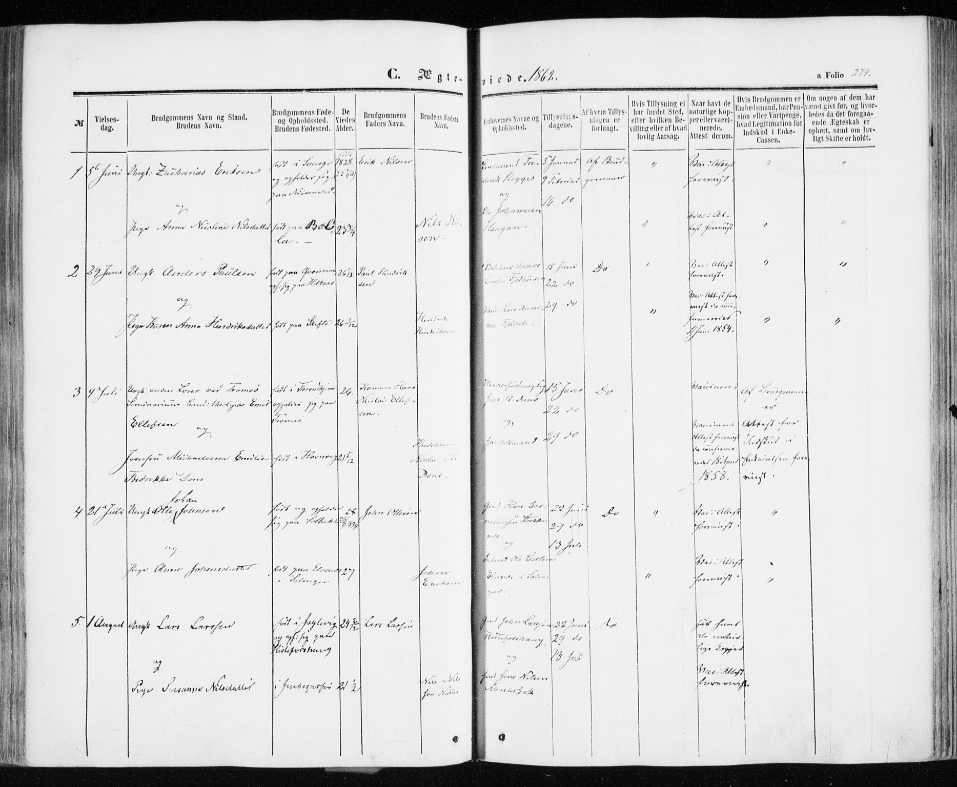 Ibestad sokneprestembete, SATØ/S-0077/H/Ha/Haa/L0009kirke: Parish register (official) no. 9, 1859-1868, p. 274