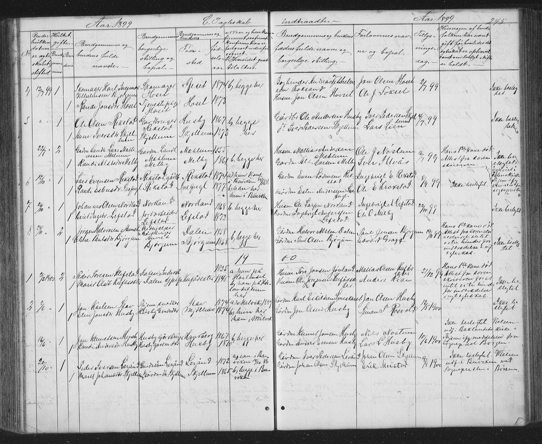 Ministerialprotokoller, klokkerbøker og fødselsregistre - Sør-Trøndelag, SAT/A-1456/667/L0798: Parish register (copy) no. 667C03, 1867-1929, p. 245