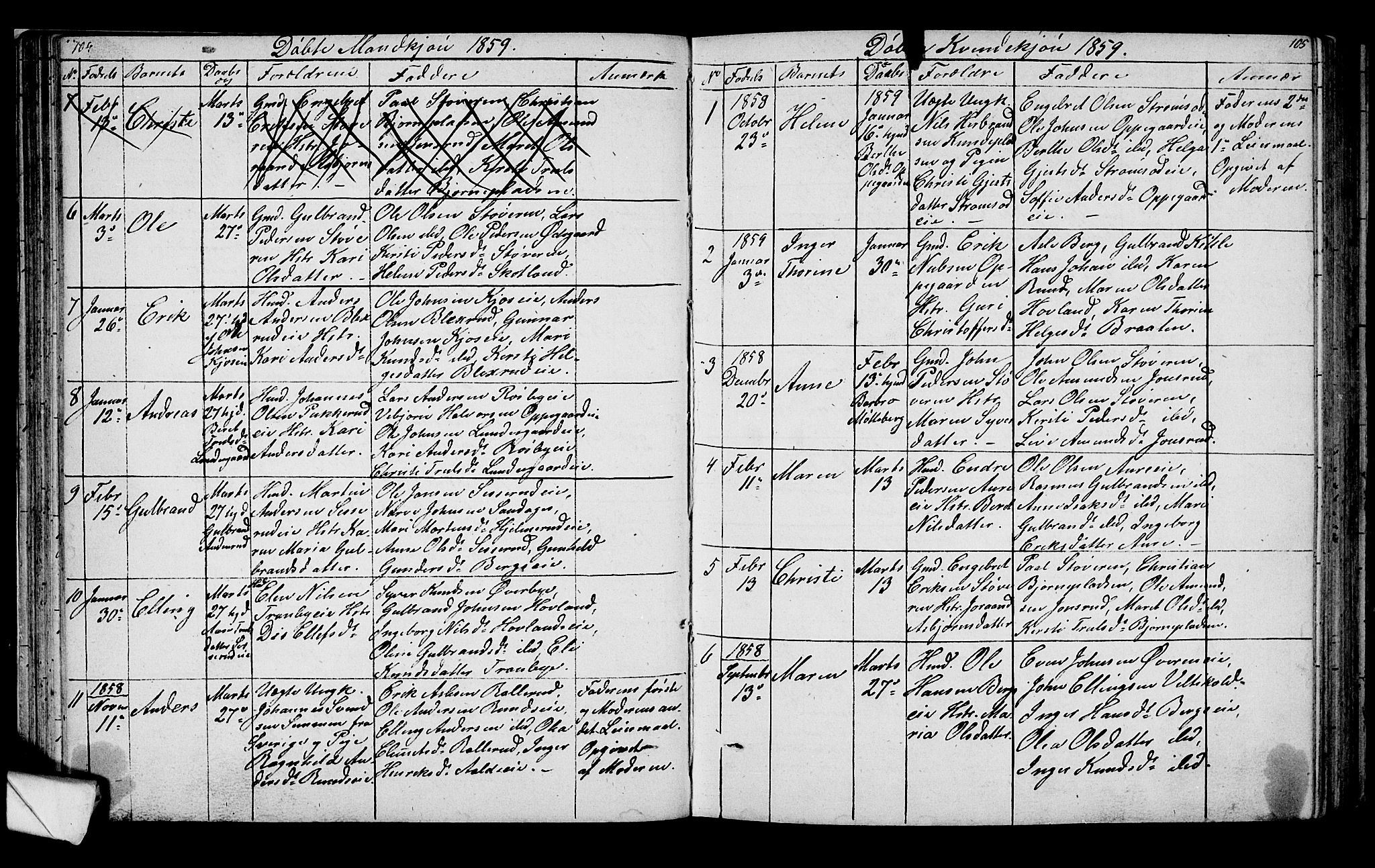 Lunder kirkebøker, SAKO/A-629/G/Ga/L0002: Parish register (copy) no. I 2, 1849-1868, p. 104-105