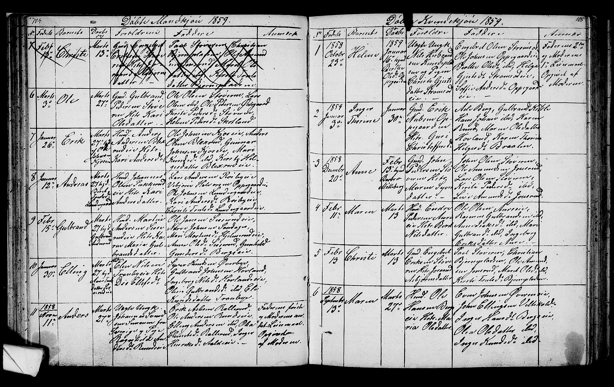 Lunder kirkebøker, AV/SAKO-A-629/G/Ga/L0002: Parish register (copy) no. I 2, 1849-1868, p. 104-105