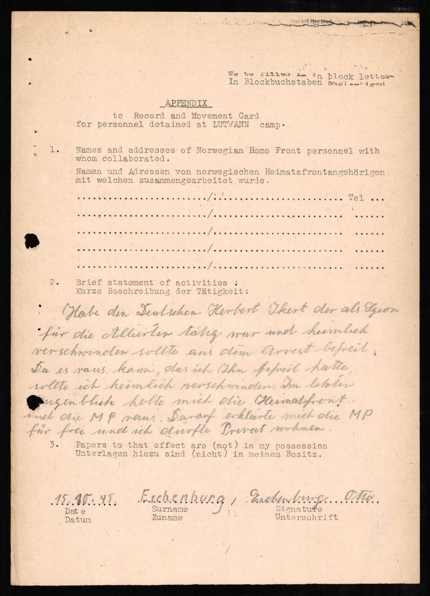 Forsvaret, Forsvarets overkommando II, AV/RA-RAFA-3915/D/Db/L0007: CI Questionaires. Tyske okkupasjonsstyrker i Norge. Tyskere., 1945-1946, p. 247