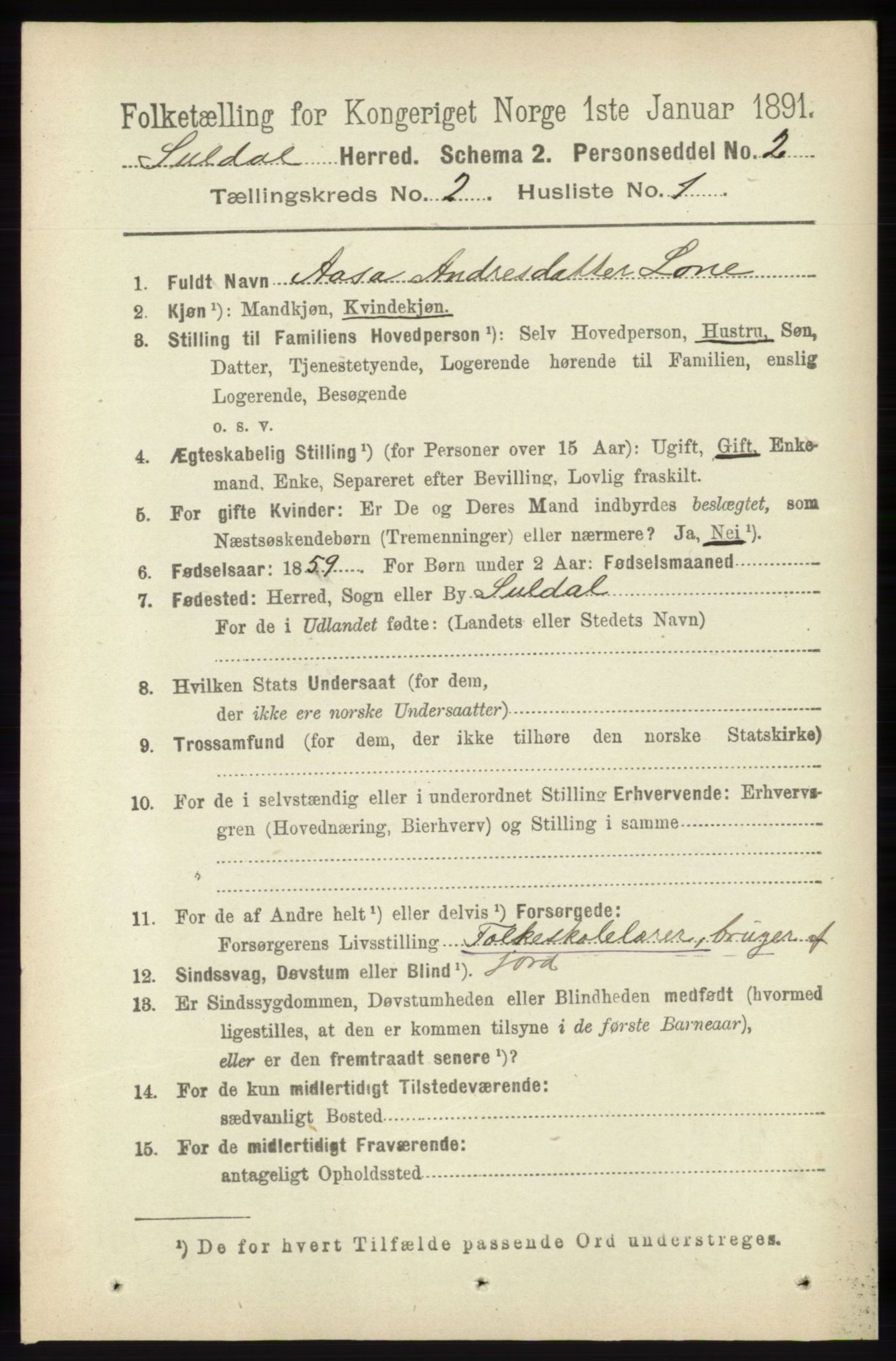 RA, 1891 census for 1134 Suldal, 1891, p. 259