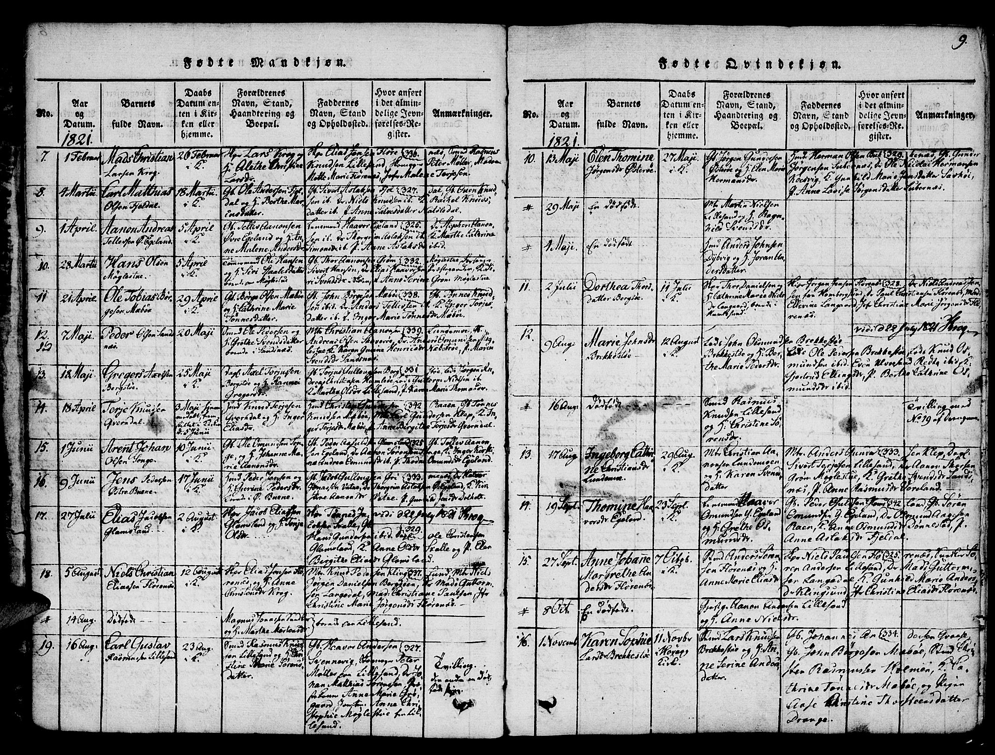 Vestre Moland sokneprestkontor, AV/SAK-1111-0046/F/Fa/Fab/L0003: Parish register (official) no. A 3, 1816-1843, p. 9