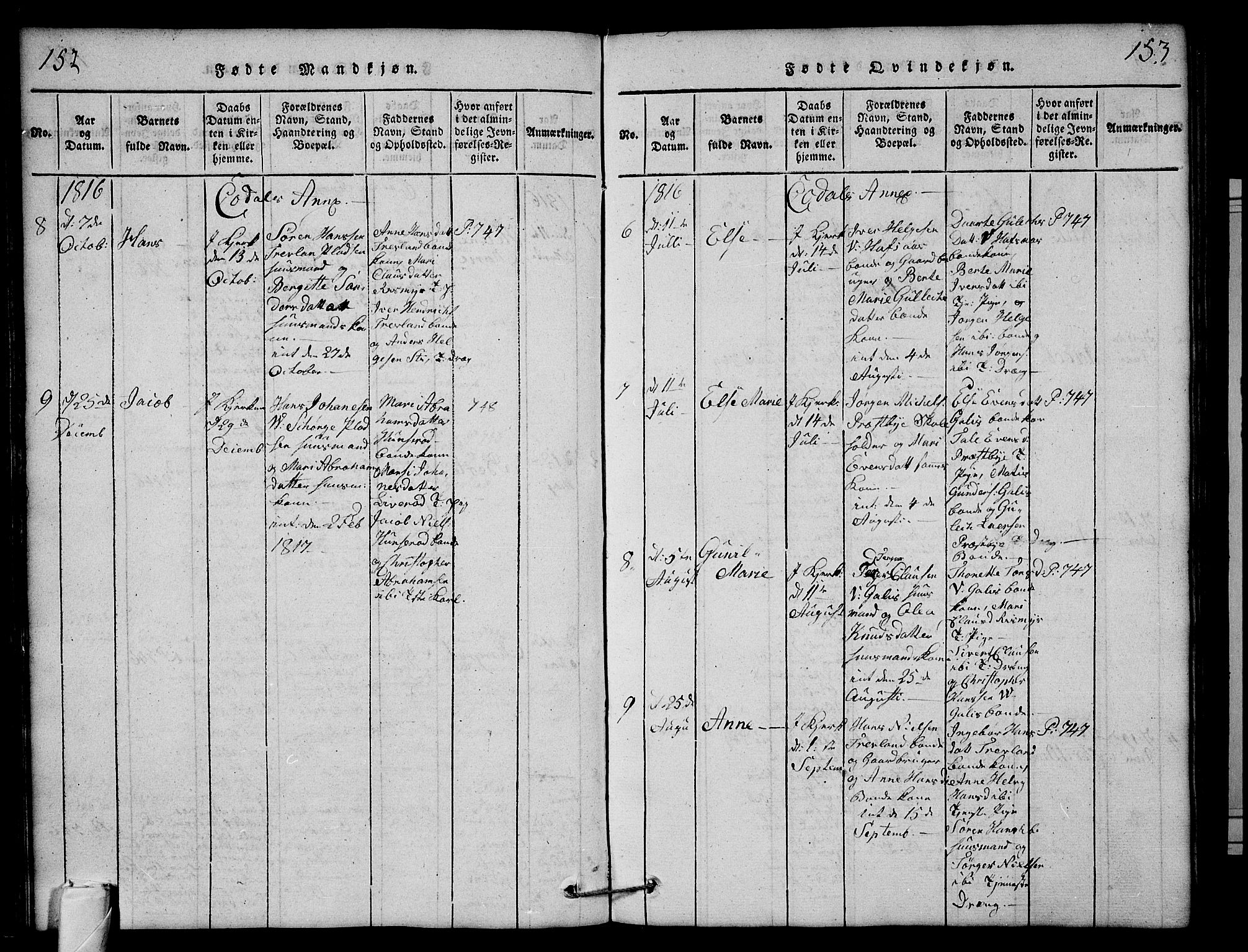 Andebu kirkebøker, AV/SAKO-A-336/G/Ga/L0001: Parish register (copy) no. I 1 /3, 1815-1823, p. 152-153