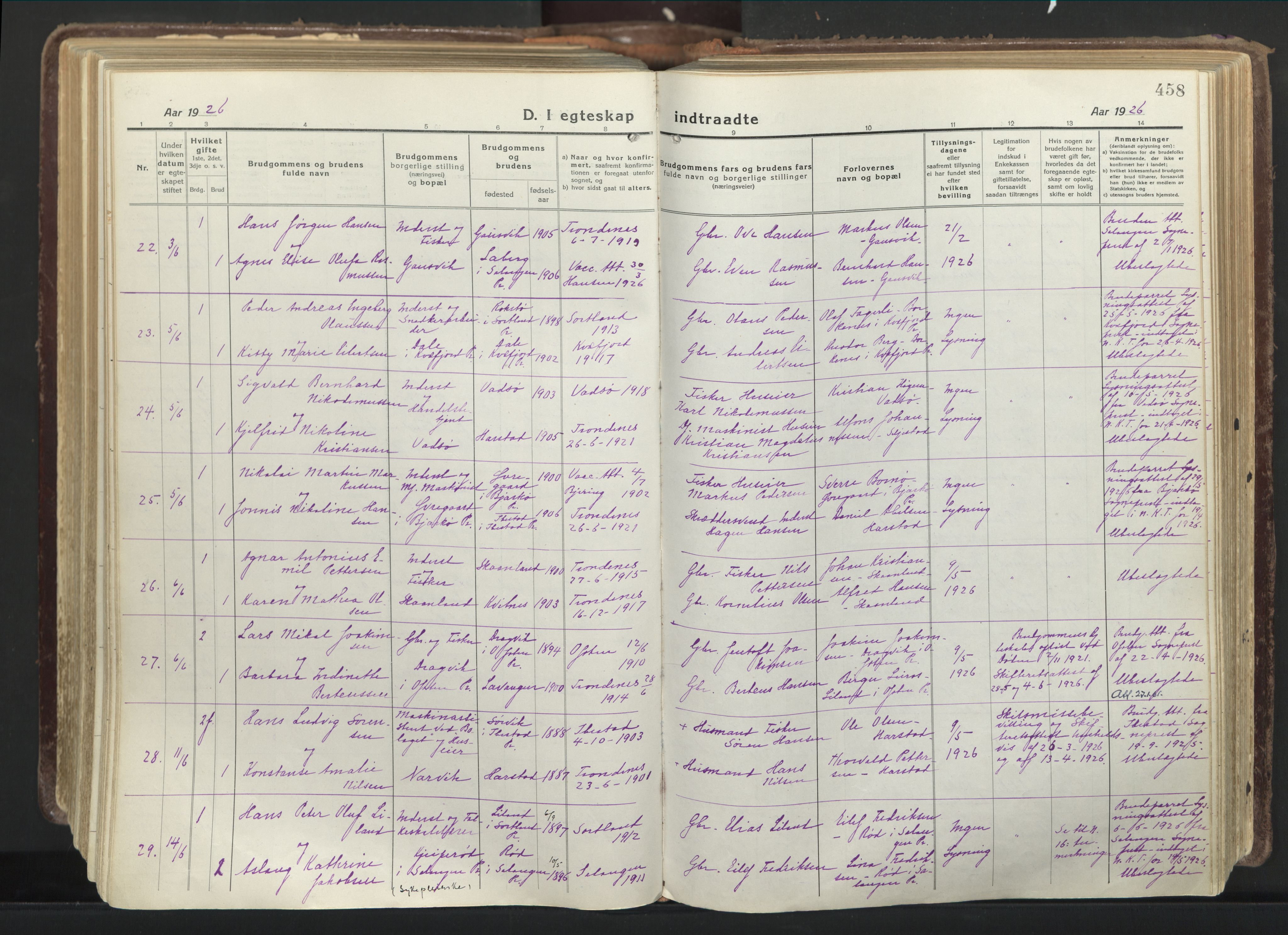 Trondenes sokneprestkontor, AV/SATØ-S-1319/H/Ha/L0019kirke: Parish register (official) no. 19, 1919-1928, p. 458