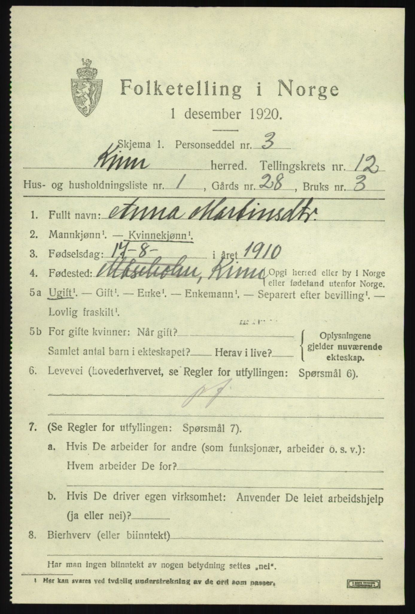 SAB, 1920 census for Kinn, 1920, p. 4503