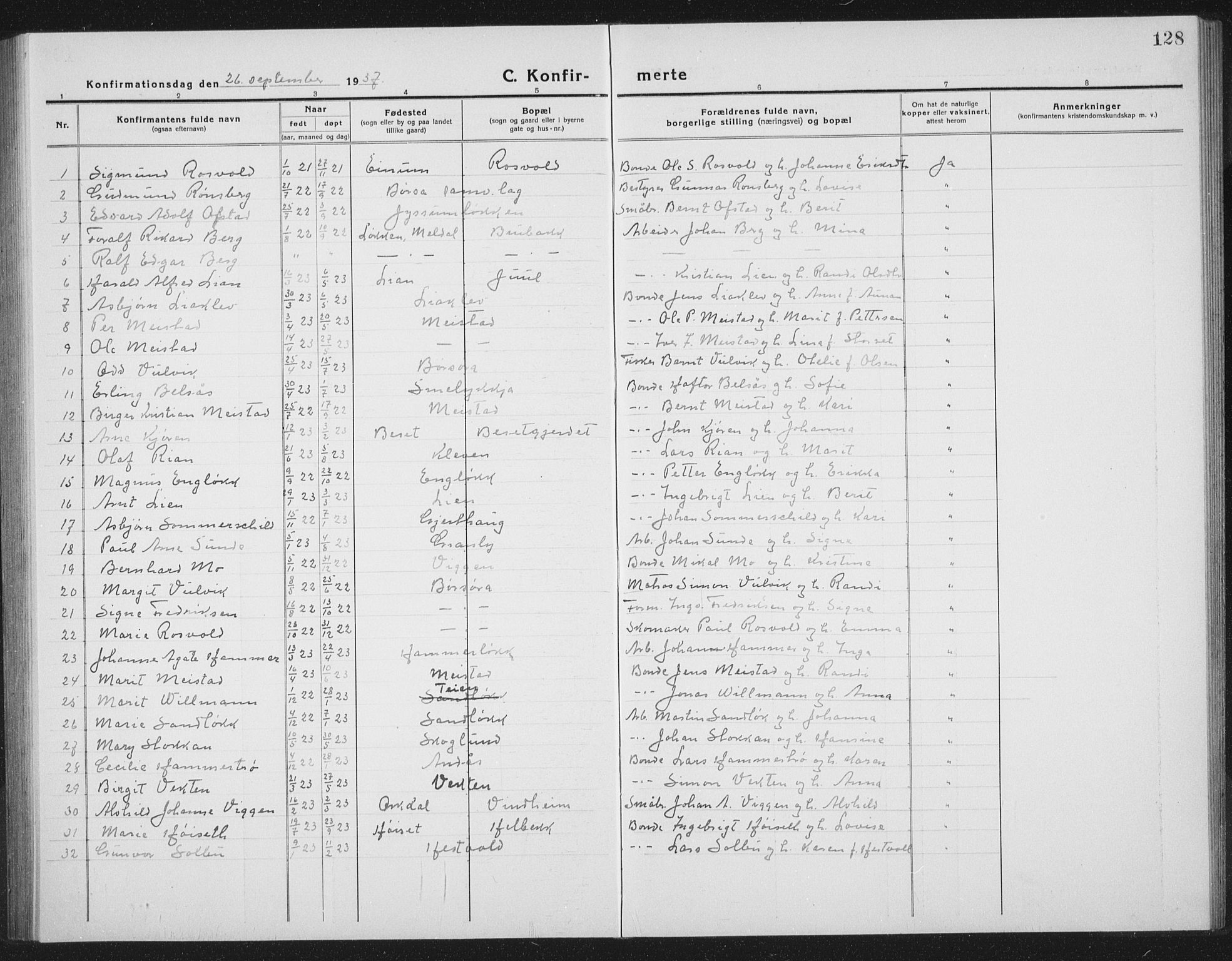 Ministerialprotokoller, klokkerbøker og fødselsregistre - Sør-Trøndelag, AV/SAT-A-1456/665/L0778: Parish register (copy) no. 665C03, 1916-1938, p. 128