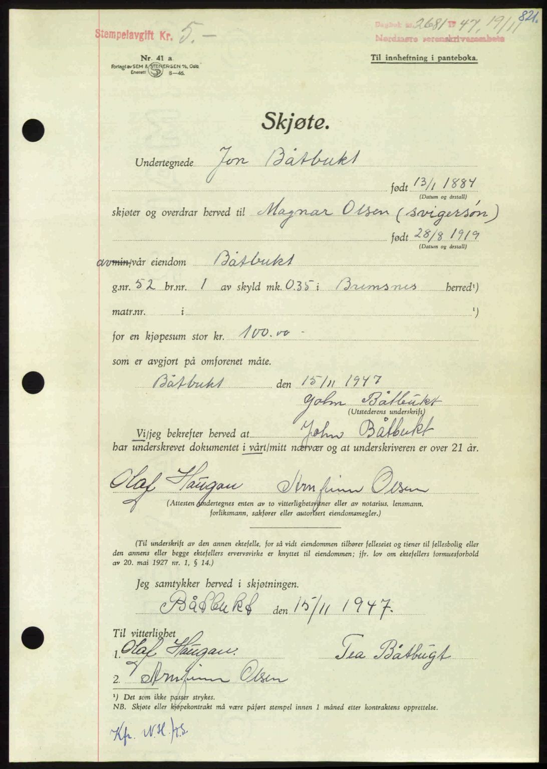 Nordmøre sorenskriveri, AV/SAT-A-4132/1/2/2Ca: Mortgage book no. A106, 1947-1947, Diary no: : 2681/1947