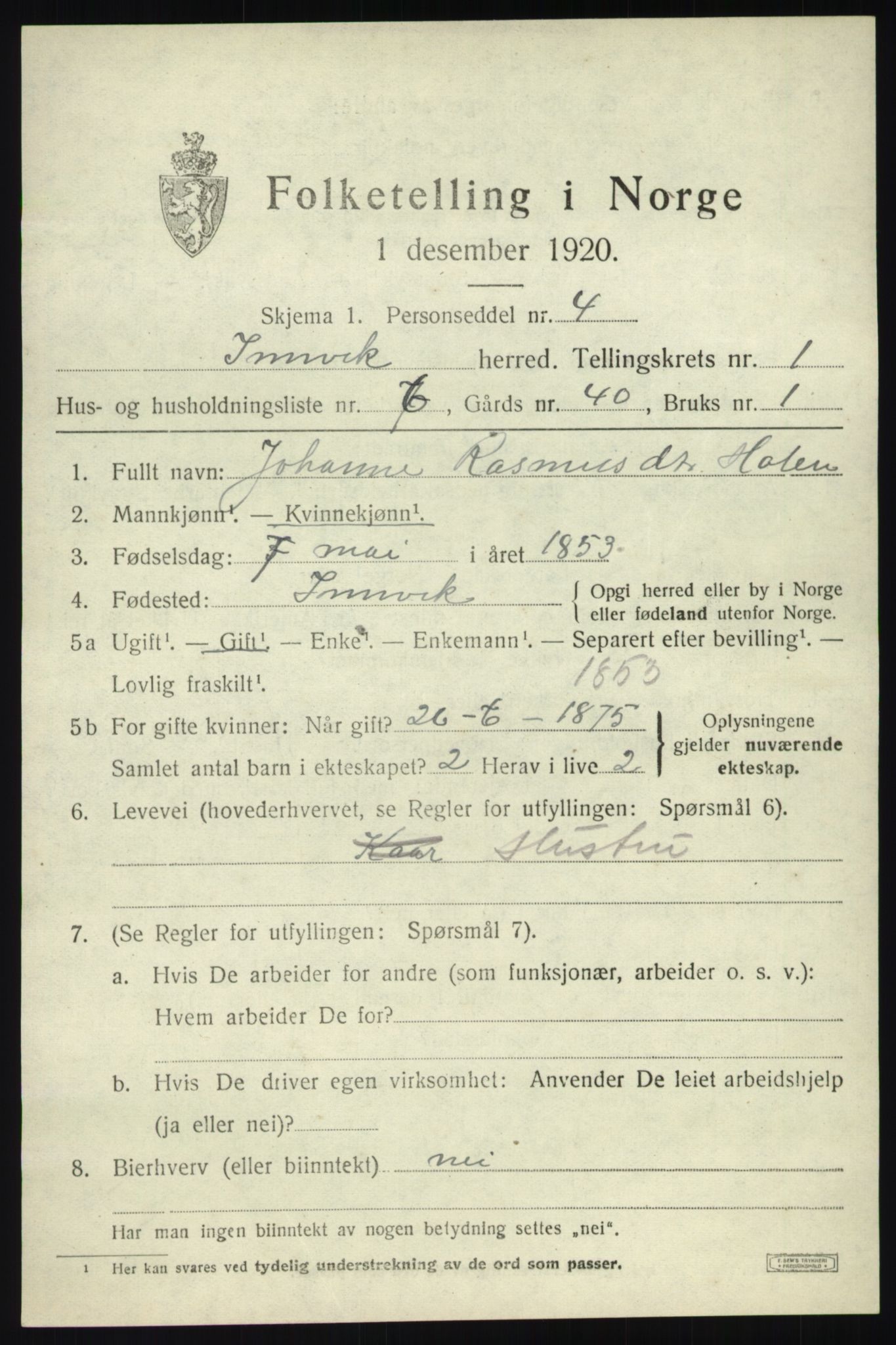 SAB, 1920 census for Innvik, 1920, p. 1155