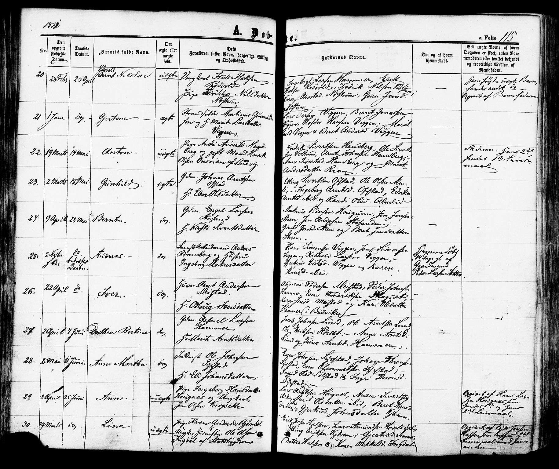Ministerialprotokoller, klokkerbøker og fødselsregistre - Sør-Trøndelag, SAT/A-1456/665/L0772: Parish register (official) no. 665A07, 1856-1878, p. 115