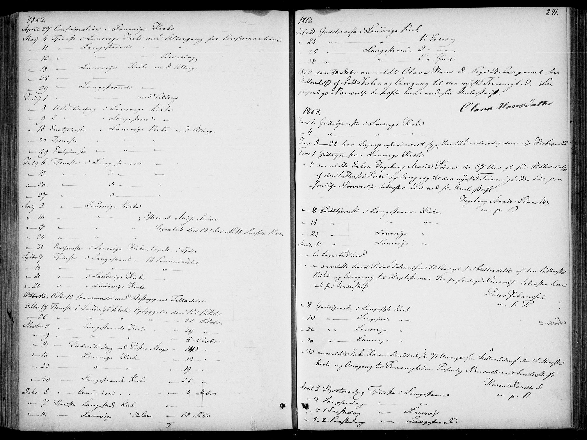 Larvik kirkebøker, AV/SAKO-A-352/F/Fa/L0005: Parish register (official) no. I 5, 1856-1870, p. 291