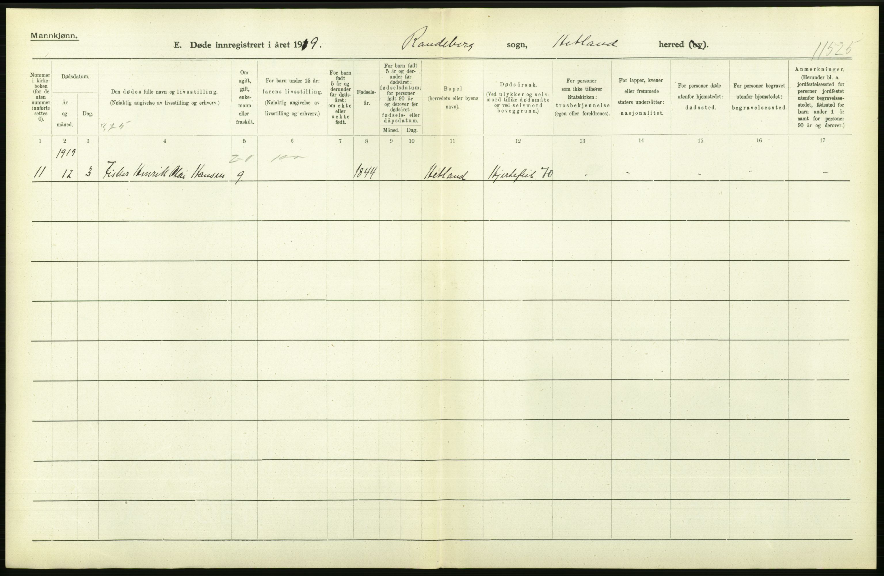 Statistisk sentralbyrå, Sosiodemografiske emner, Befolkning, AV/RA-S-2228/D/Df/Dfb/Dfbi/L0030: Rogaland fylke: Døde. Bygder og byer., 1919, p. 74