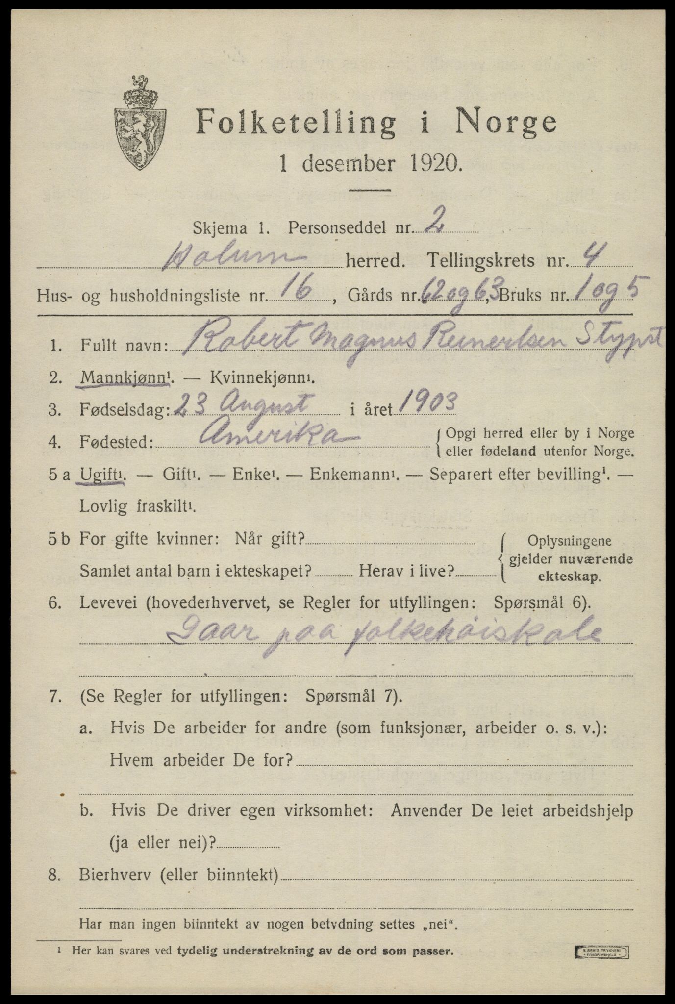 SAK, 1920 census for Holum, 1920, p. 2091