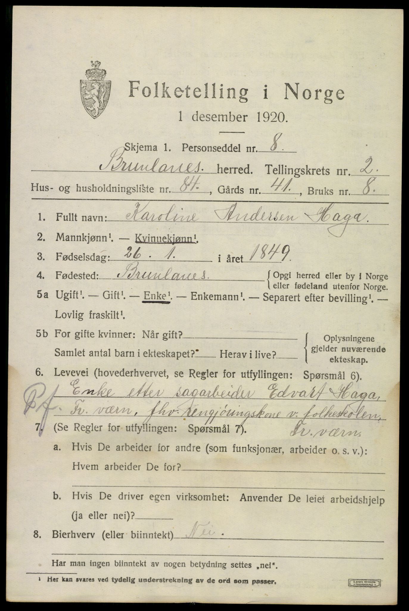 SAKO, 1920 census for Brunlanes, 1920, p. 4457