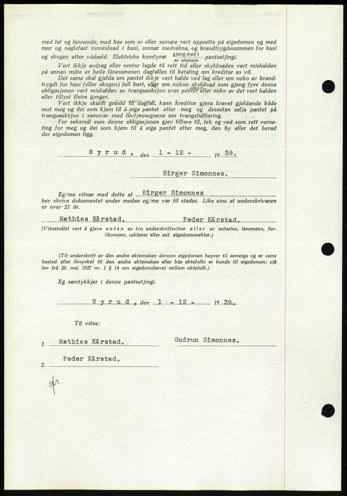 Søre Sunnmøre sorenskriveri, AV/SAT-A-4122/1/2/2C/L0069: Mortgage book no. 63, 1939-1940, Diary no: : 1808/1939