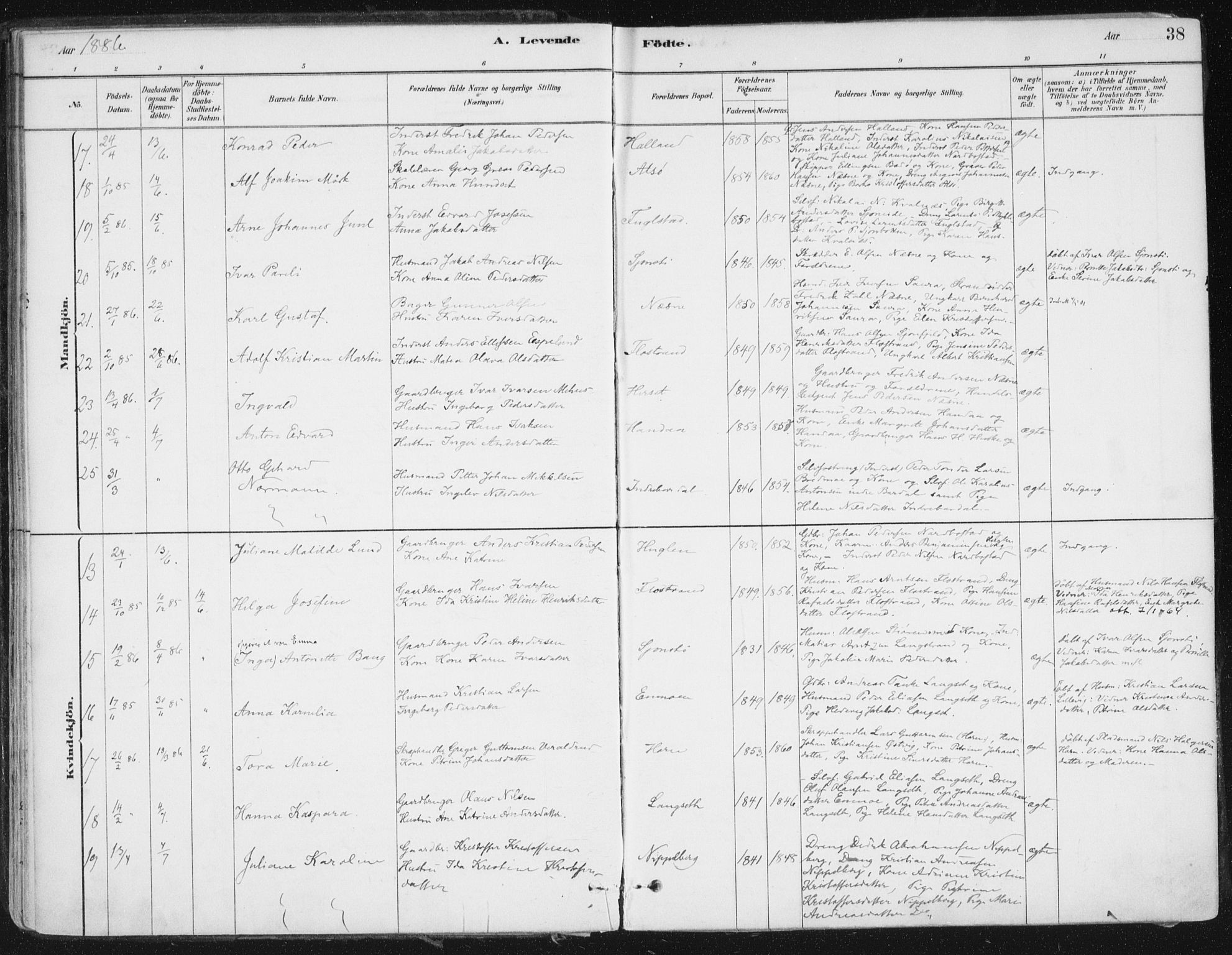 Ministerialprotokoller, klokkerbøker og fødselsregistre - Nordland, SAT/A-1459/838/L0552: Parish register (official) no. 838A10, 1880-1910, p. 38