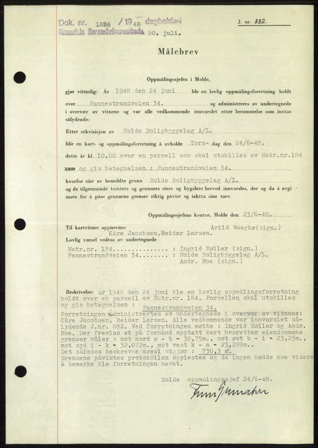 Romsdal sorenskriveri, AV/SAT-A-4149/1/2/2C: Mortgage book no. A26, 1948-1948, Diary no: : 1836/1948