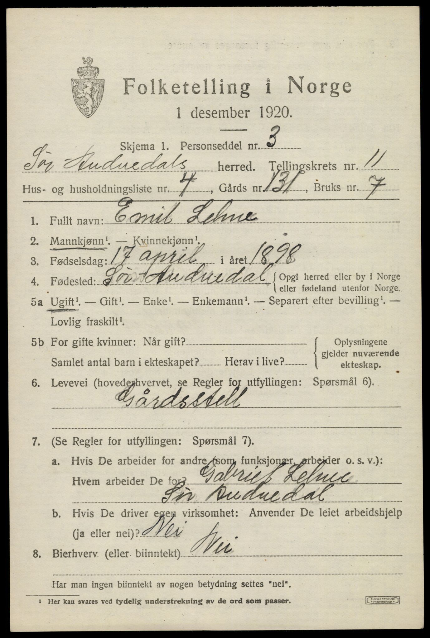 SAK, 1920 census for Sør-Audnedal, 1920, p. 4281
