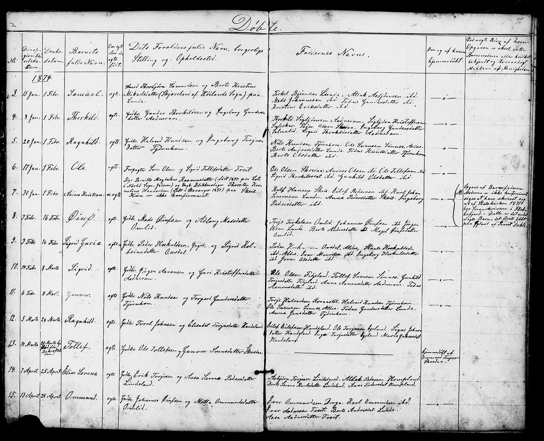 Sirdal sokneprestkontor, AV/SAK-1111-0036/F/Fb/Fba/L0001: Parish register (copy) no. B 1, 1872-1905, p. 7