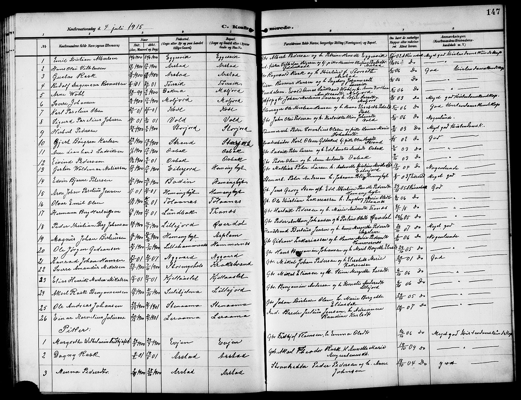 Ministerialprotokoller, klokkerbøker og fødselsregistre - Nordland, SAT/A-1459/846/L0655: Parish register (copy) no. 846C05, 1902-1916, p. 147