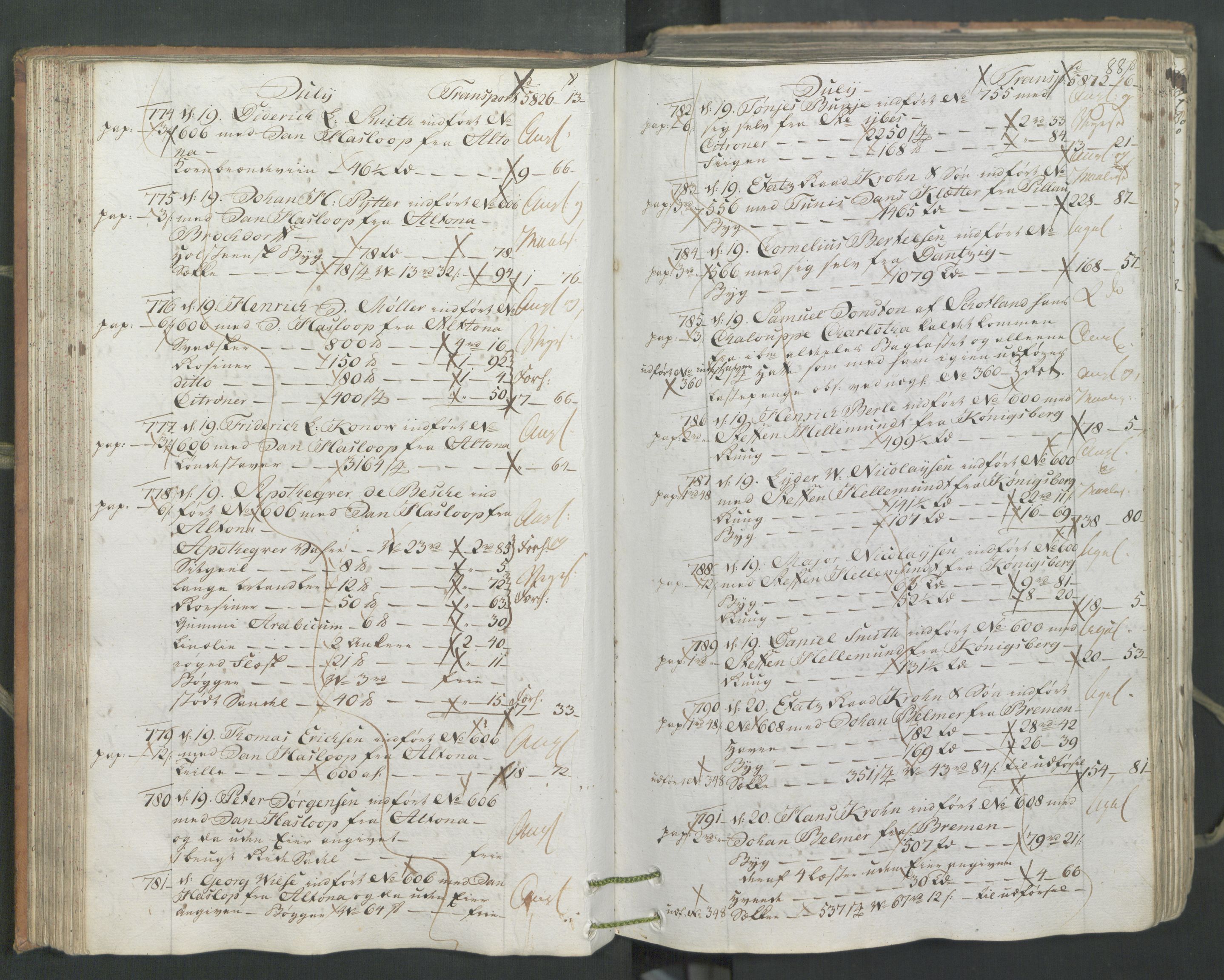 Generaltollkammeret, tollregnskaper, AV/RA-EA-5490/R26/L0222/0001: Tollregnskaper Bergen A / Inngående hovedtollbok, 1786, p. 87b-88a