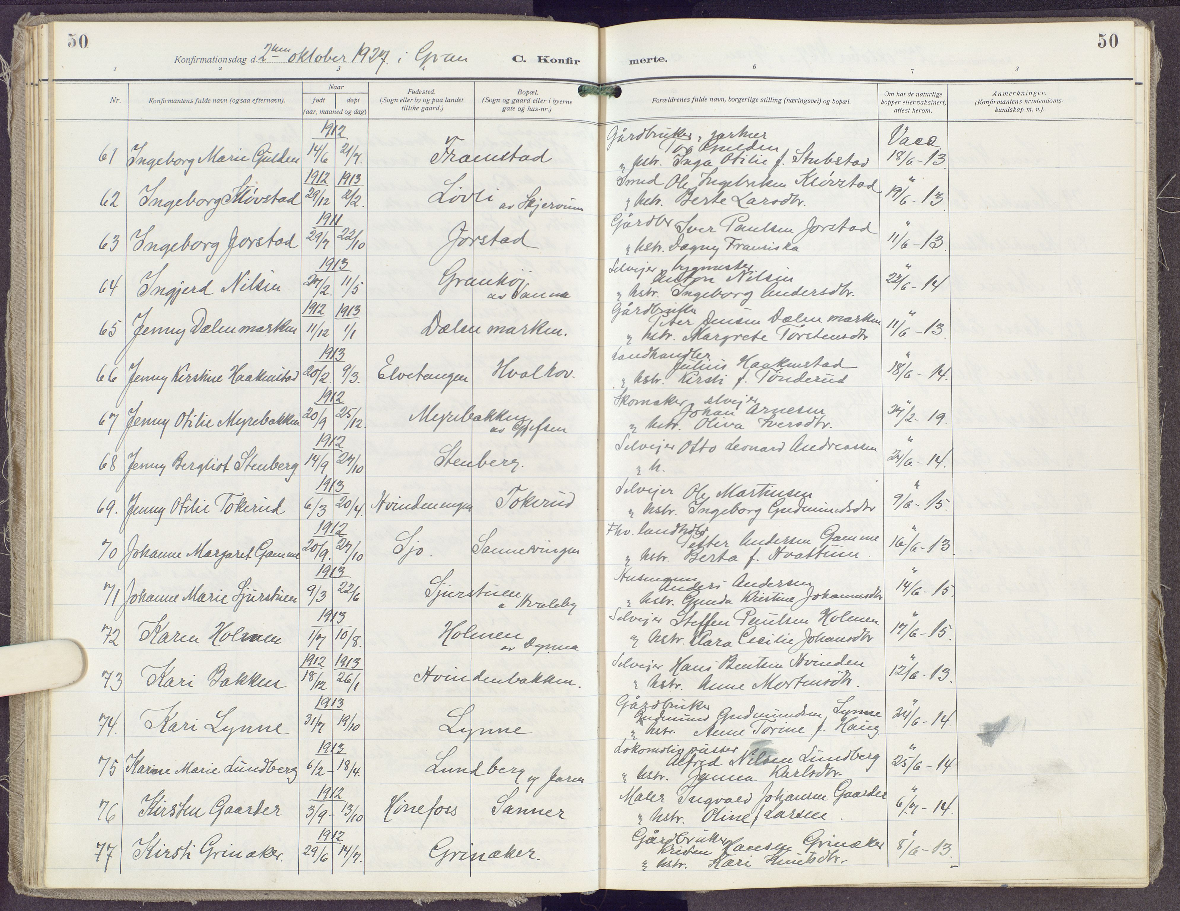 Gran prestekontor, AV/SAH-PREST-112/H/Ha/Haa/L0023: Parish register (official) no. 23, 1919-1938, p. 50