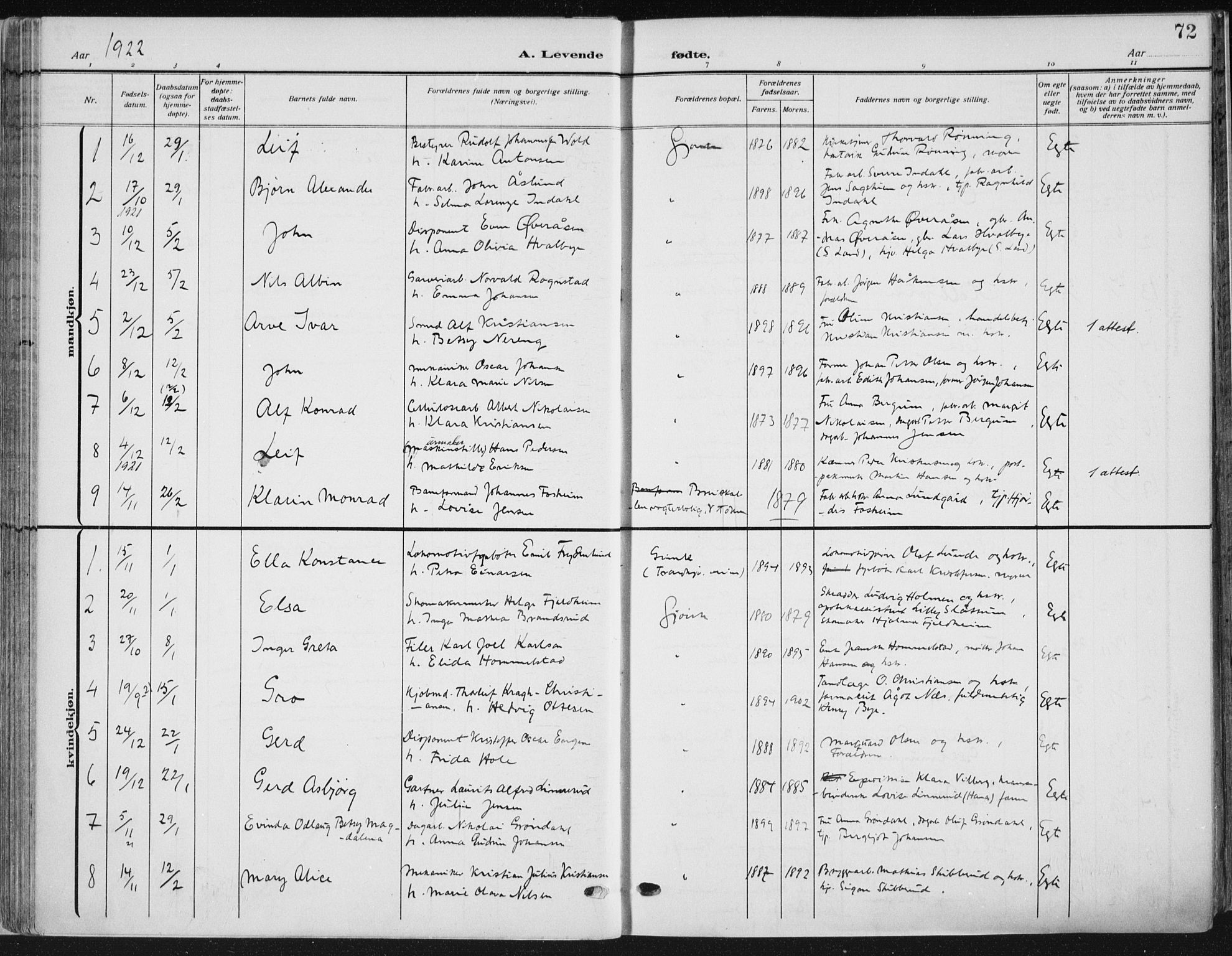 Vardal prestekontor, SAH/PREST-100/H/Ha/Haa/L0014: Parish register (official) no. 14, 1912-1922, p. 72