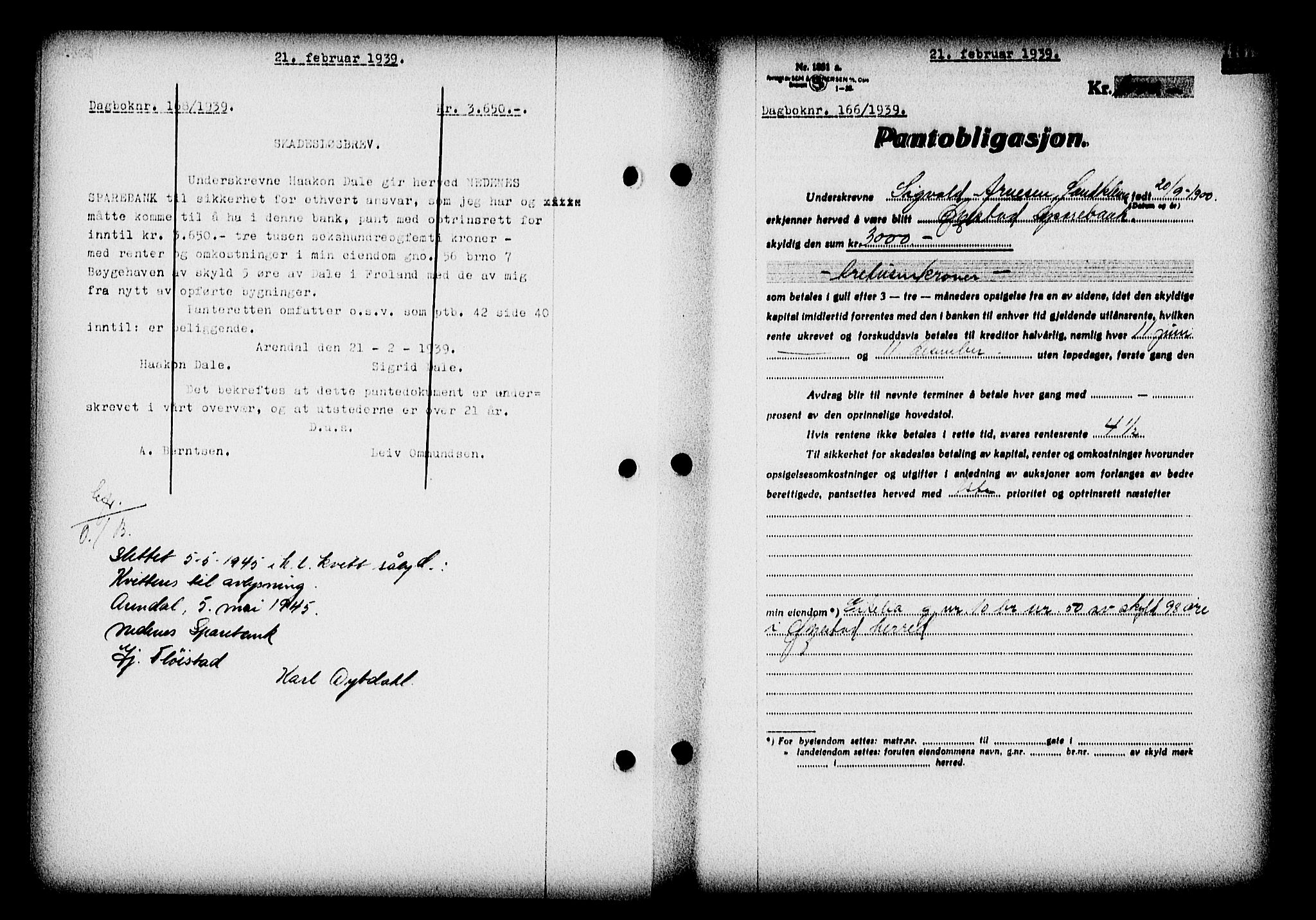 Nedenes sorenskriveri, SAK/1221-0006/G/Gb/Gba/L0046: Mortgage book no. 42, 1938-1939, Diary no: : 166/1939