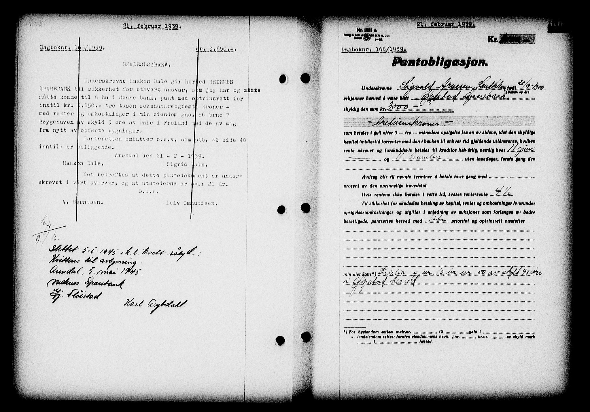 Nedenes sorenskriveri, AV/SAK-1221-0006/G/Gb/Gba/L0046: Mortgage book no. 42, 1938-1939, Diary no: : 166/1939