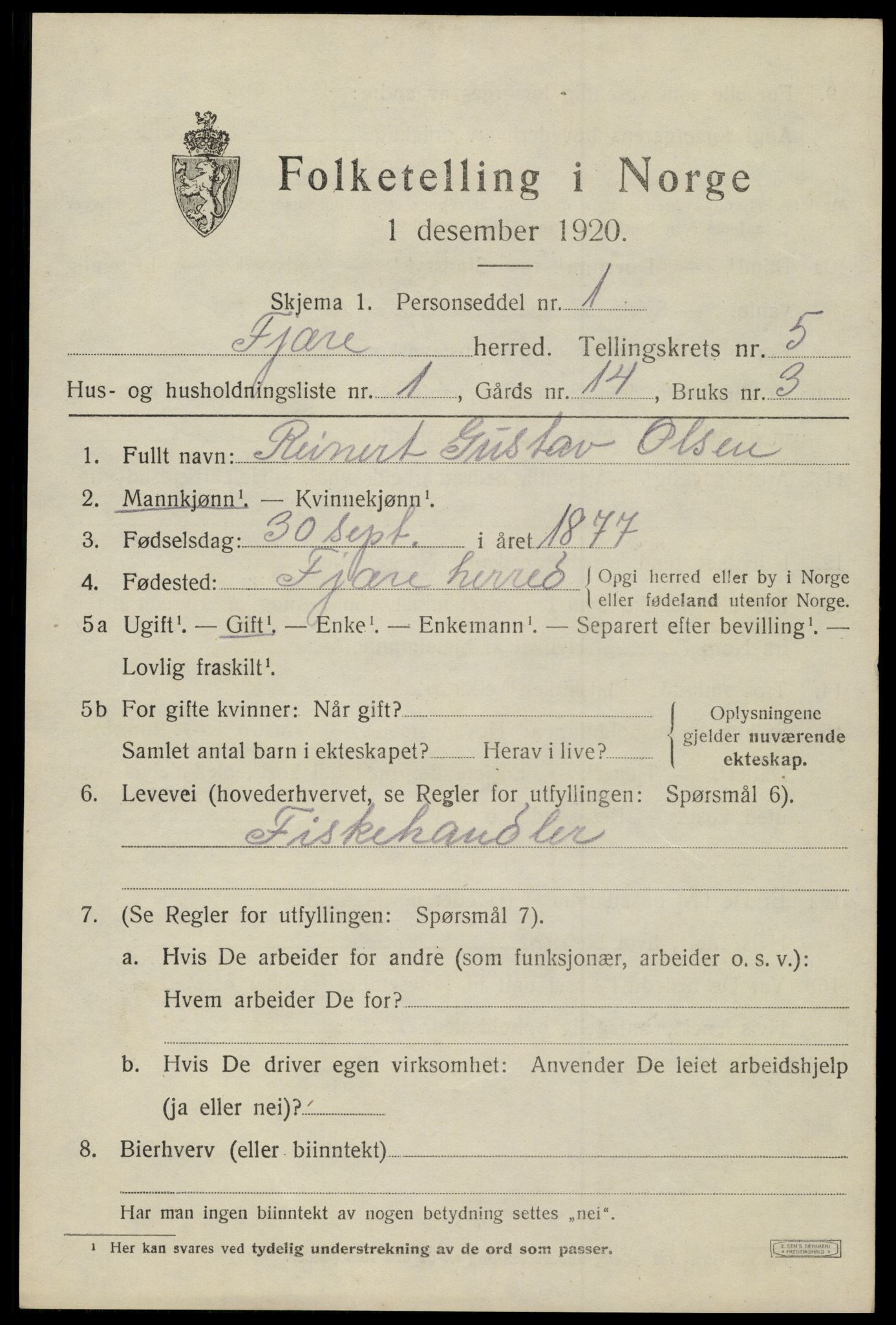 SAK, 1920 census for Fjære, 1920, p. 7435