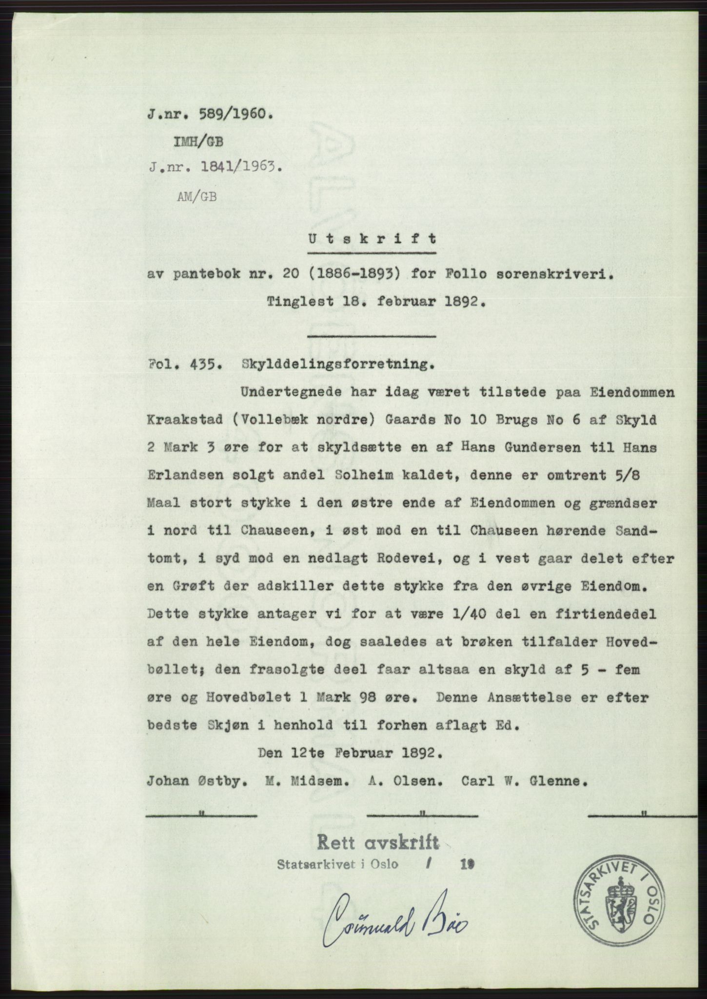 Statsarkivet i Oslo, SAO/A-10621/Z/Zd/L0011: Avskrifter, j.nr 4-798/1960, 1960, p. 331