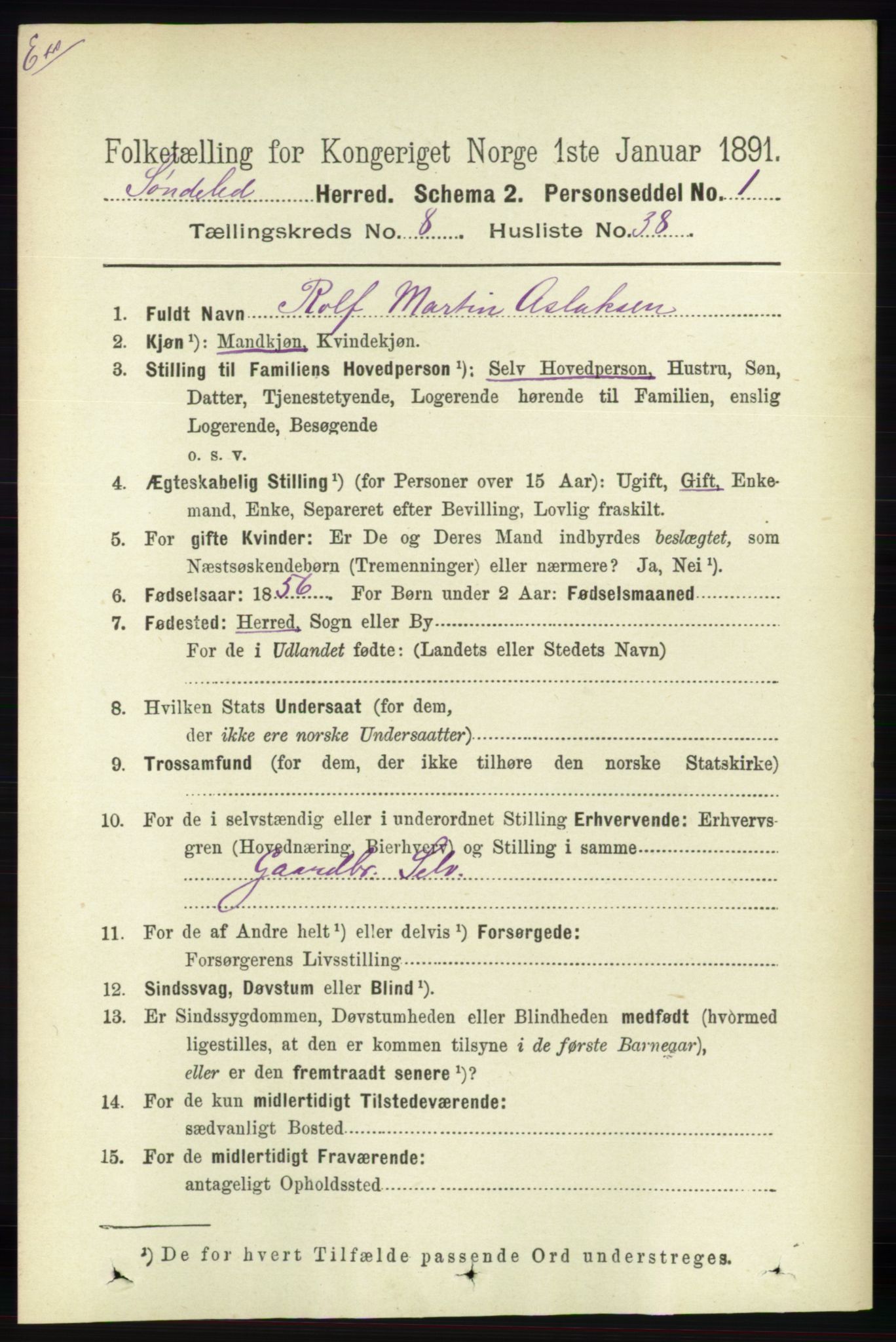 RA, Census 1891 for Nedenes amt: Gjenparter av personsedler for beslektede ektefeller, menn, 1891, p. 145