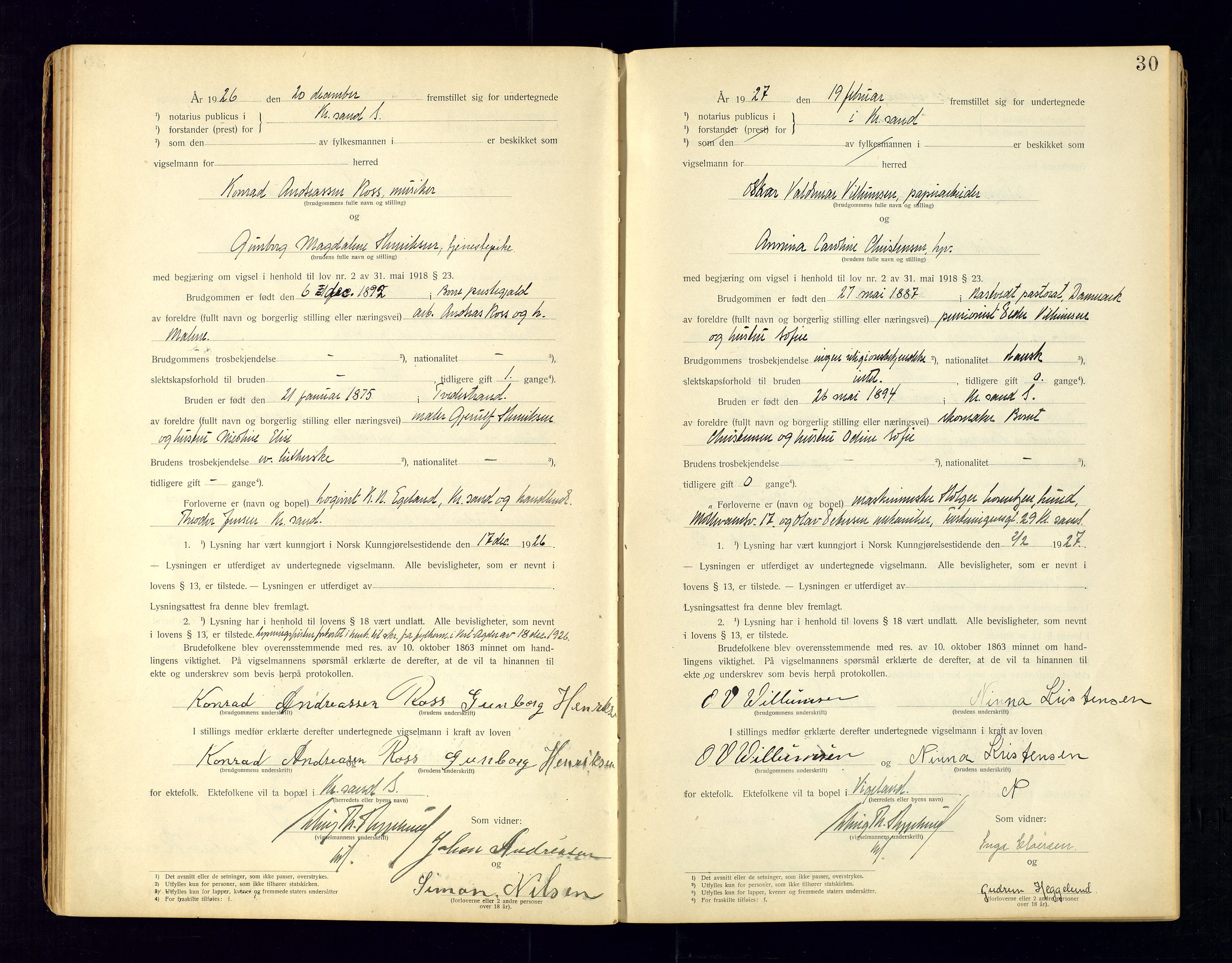 Kristiansand byrett - 2, AV/SAK-1223-0002/I/Ib/L0147/0001: Vielsesprotokoller / Vigselbok, 1920-1936, p. 30