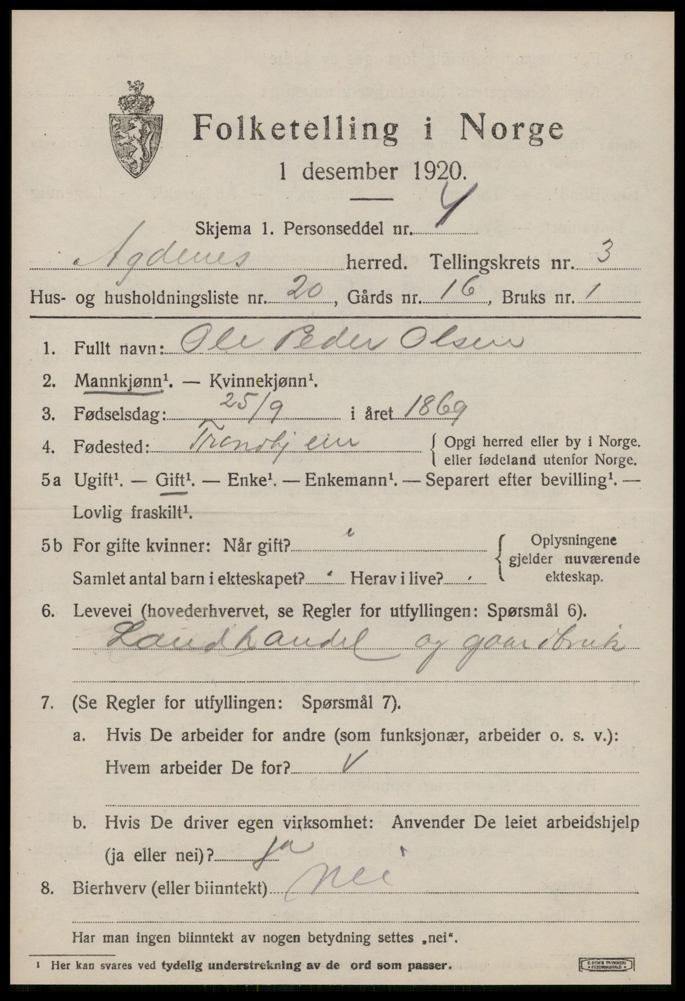 SAT, 1920 census for Agdenes, 1920, p. 2021