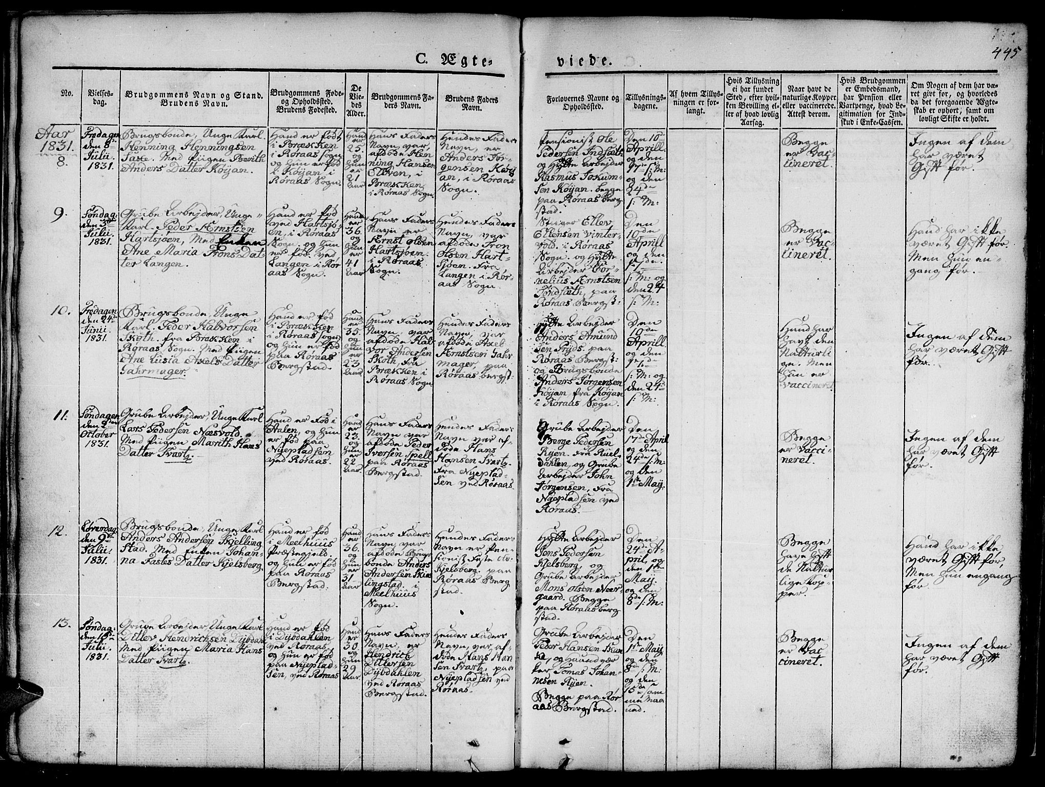 Ministerialprotokoller, klokkerbøker og fødselsregistre - Sør-Trøndelag, AV/SAT-A-1456/681/L0939: Parish register (copy) no. 681C03, 1829-1855, p. 445