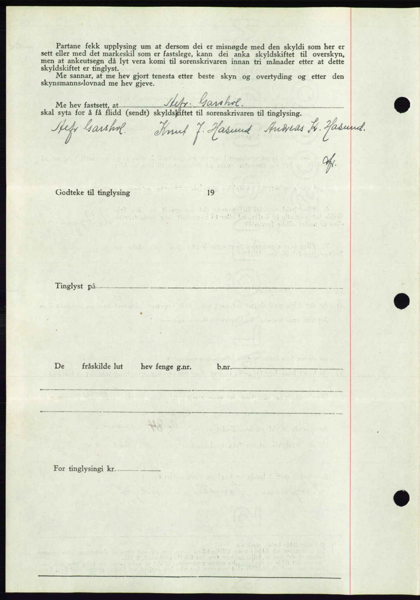 Søre Sunnmøre sorenskriveri, AV/SAT-A-4122/1/2/2C/L0071: Mortgage book no. 65, 1941-1941, Diary no: : 952/1941