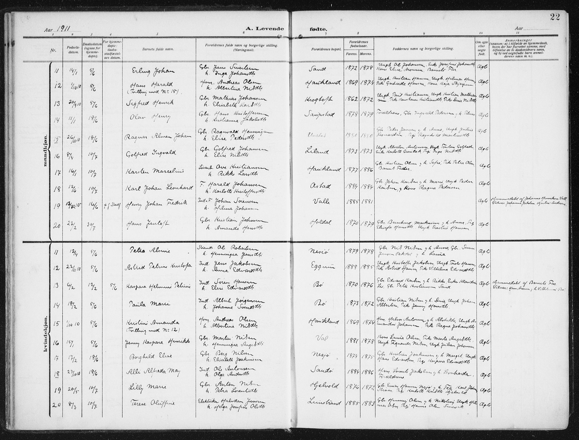 Ministerialprotokoller, klokkerbøker og fødselsregistre - Nordland, SAT/A-1459/880/L1135: Parish register (official) no. 880A09, 1908-1919, p. 22
