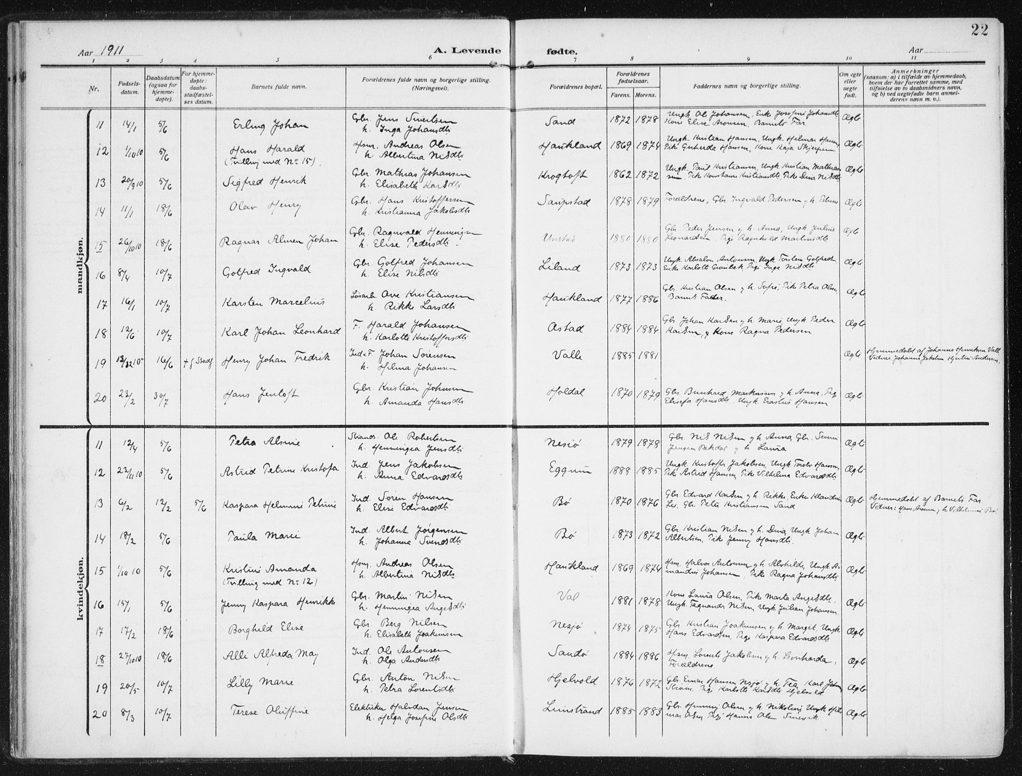 Ministerialprotokoller, klokkerbøker og fødselsregistre - Nordland, AV/SAT-A-1459/880/L1135: Parish register (official) no. 880A09, 1908-1919, p. 22