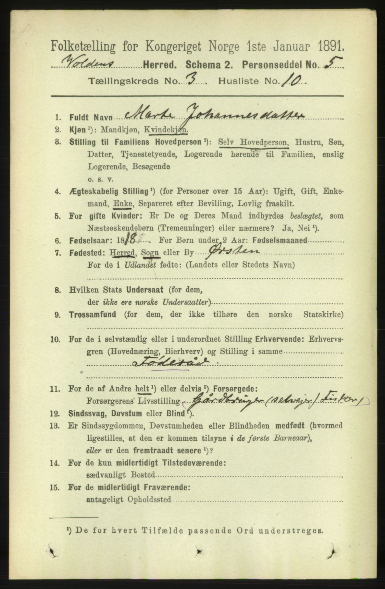 RA, 1891 census for 1519 Volda, 1891, p. 1707