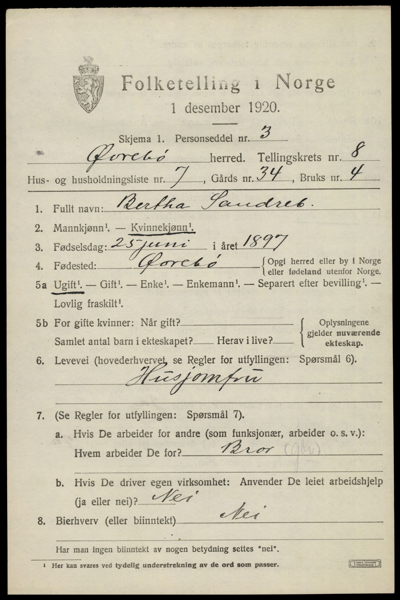 SAK, 1920 census for Øvrebø, 1920, p. 1780