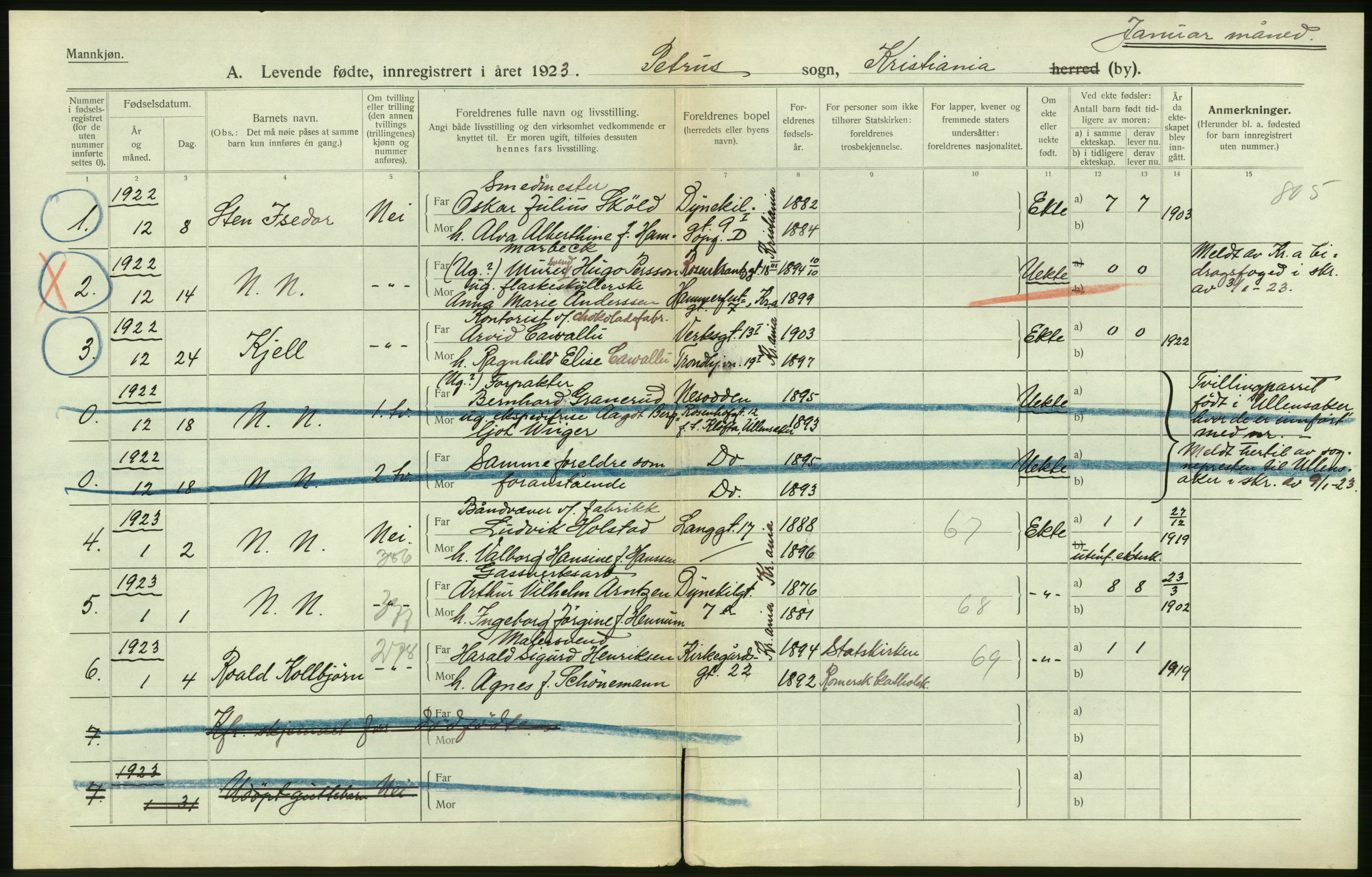 Statistisk sentralbyrå, Sosiodemografiske emner, Befolkning, AV/RA-S-2228/D/Df/Dfc/Dfcc/L0006: Kristiania: Levendefødte menn og kvinner., 1923, p. 250