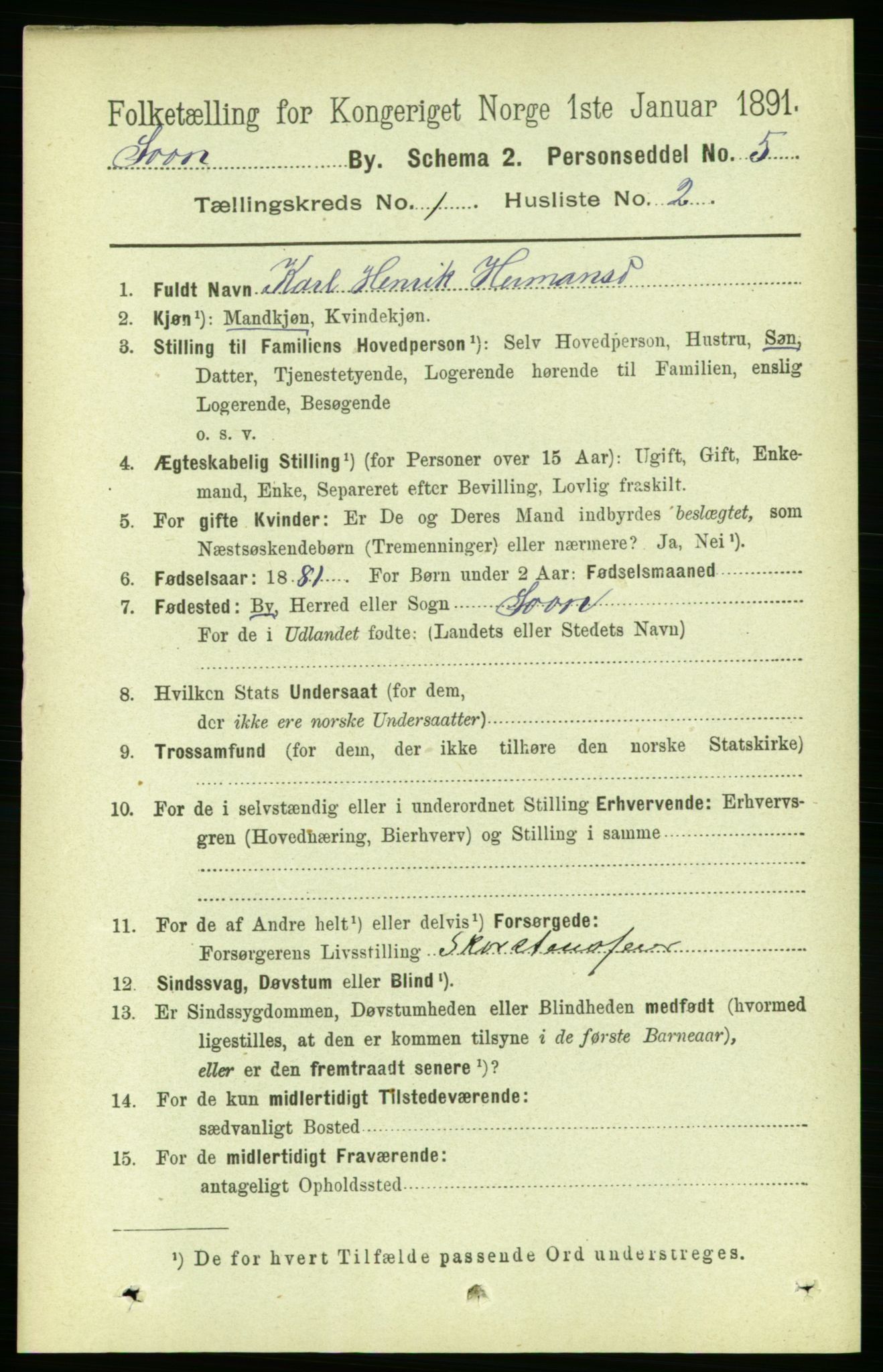 RA, 1891 census for 0201 Son, 1891, p. 19