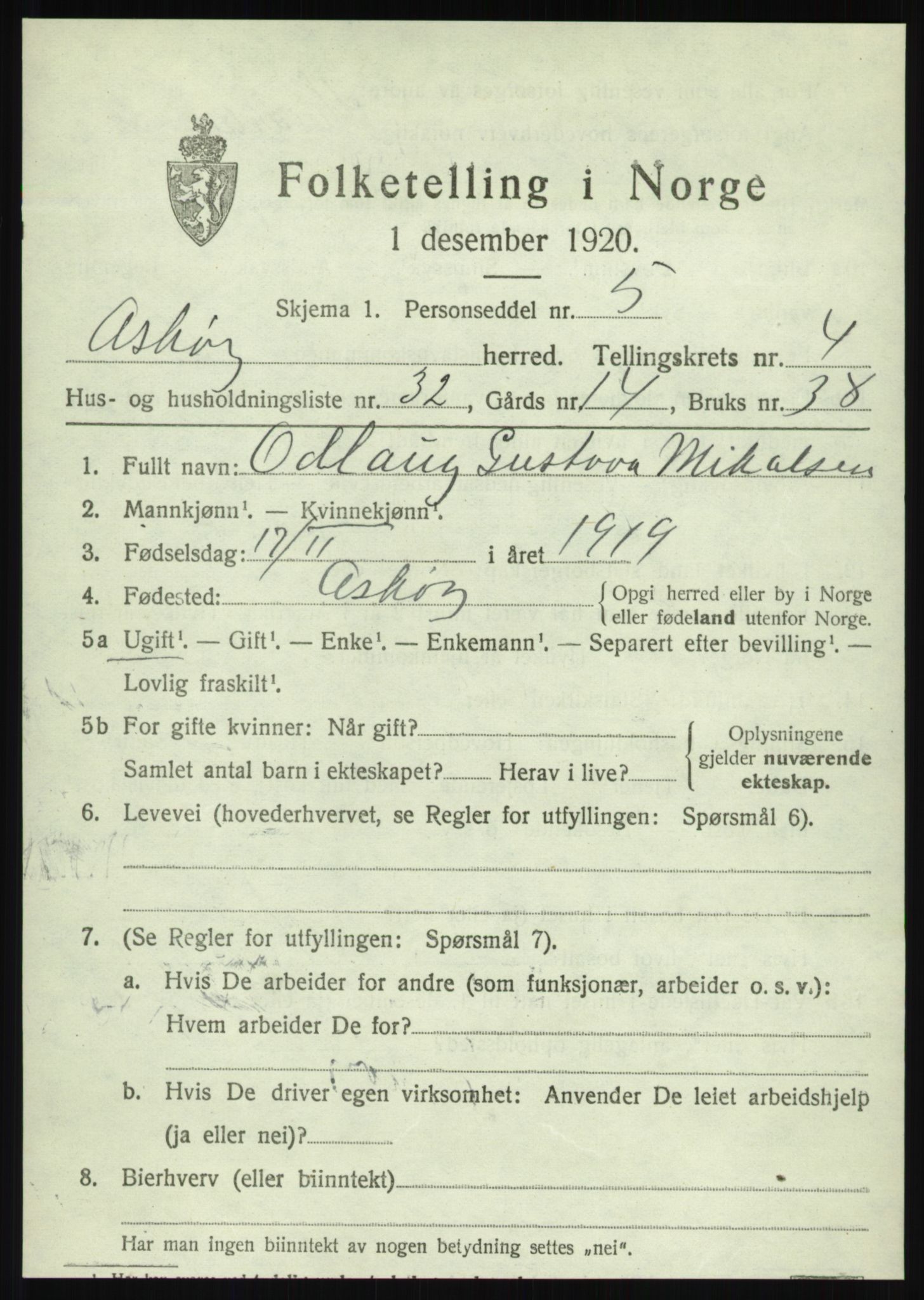 SAB, 1920 census for Askøy, 1920, p. 8020